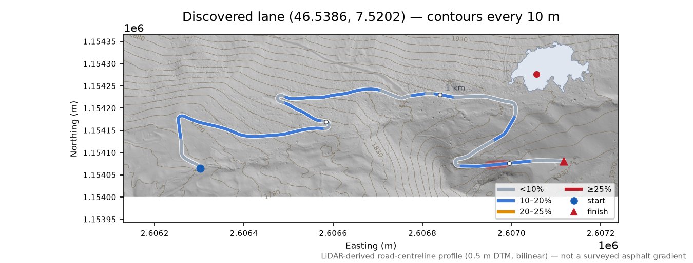 Discovered lane (46.5386, 7.5202) LiDAR hillshade map with contours