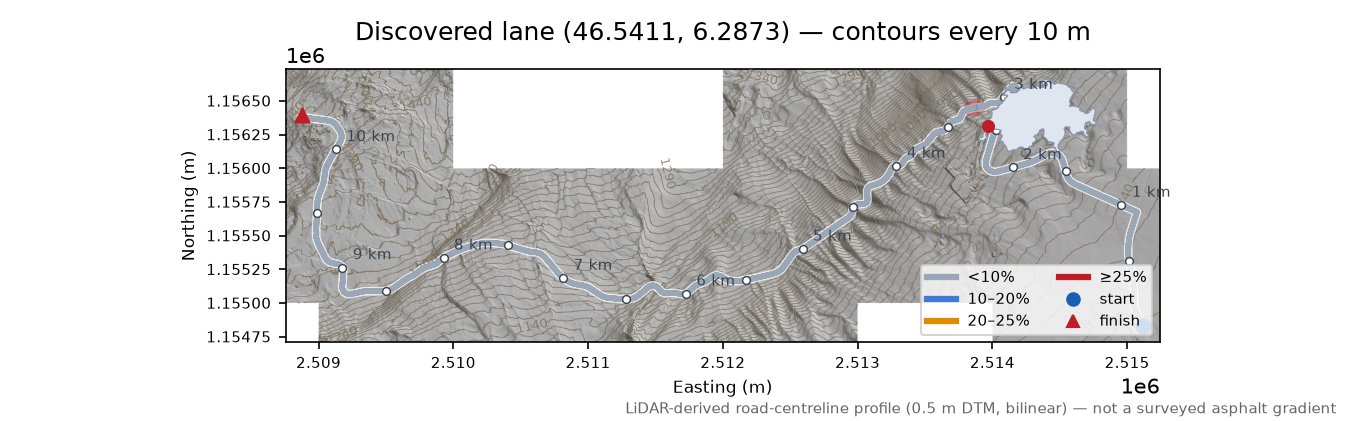Discovered lane (46.5411, 6.2873) LiDAR hillshade map with contours