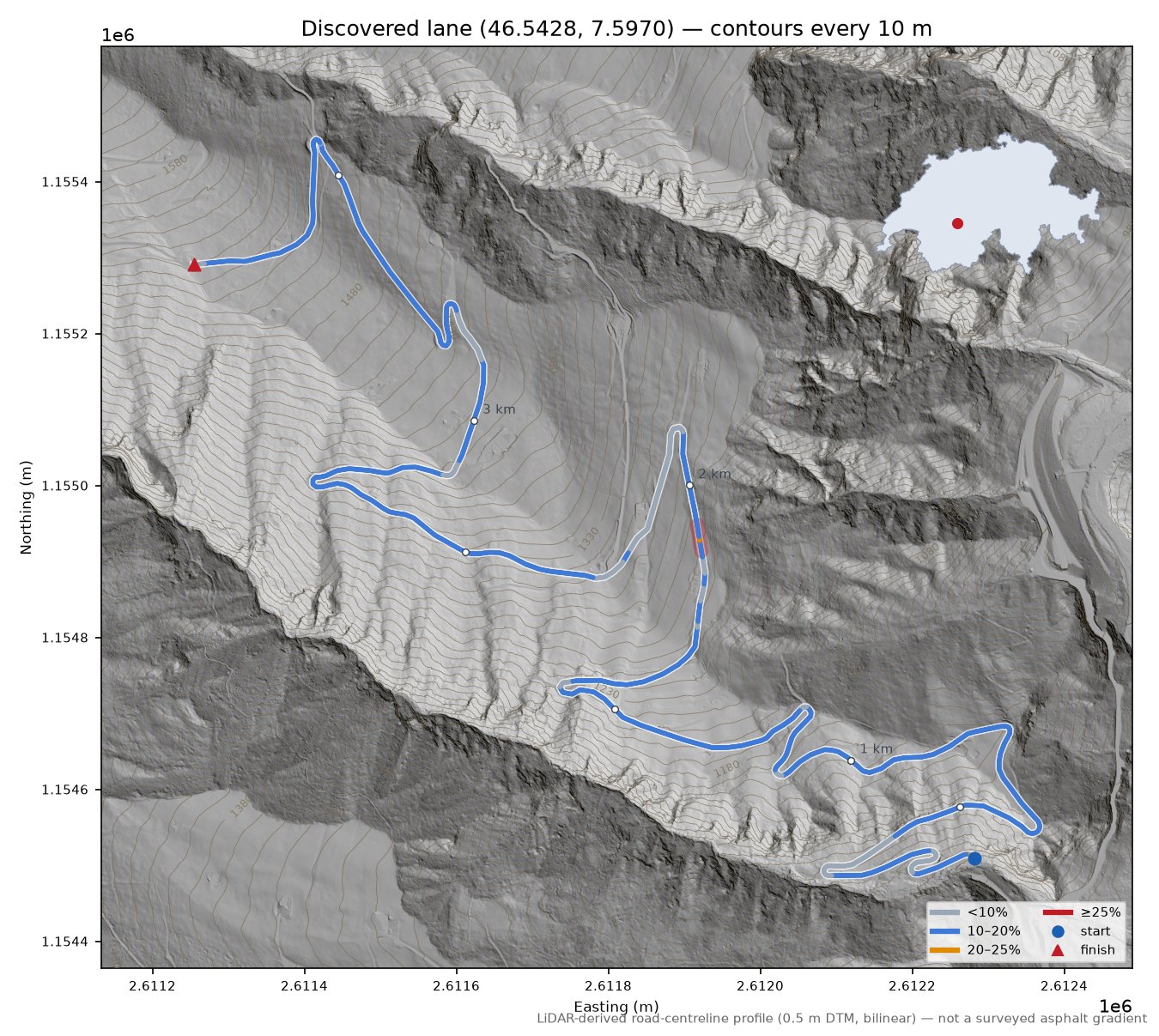 Discovered lane (46.5428, 7.5970) LiDAR hillshade map with contours
