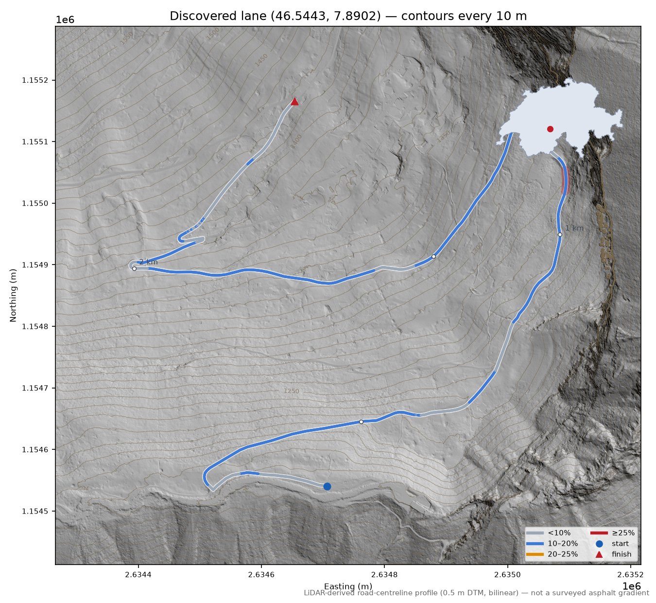 Discovered lane (46.5443, 7.8902) LiDAR hillshade map with contours