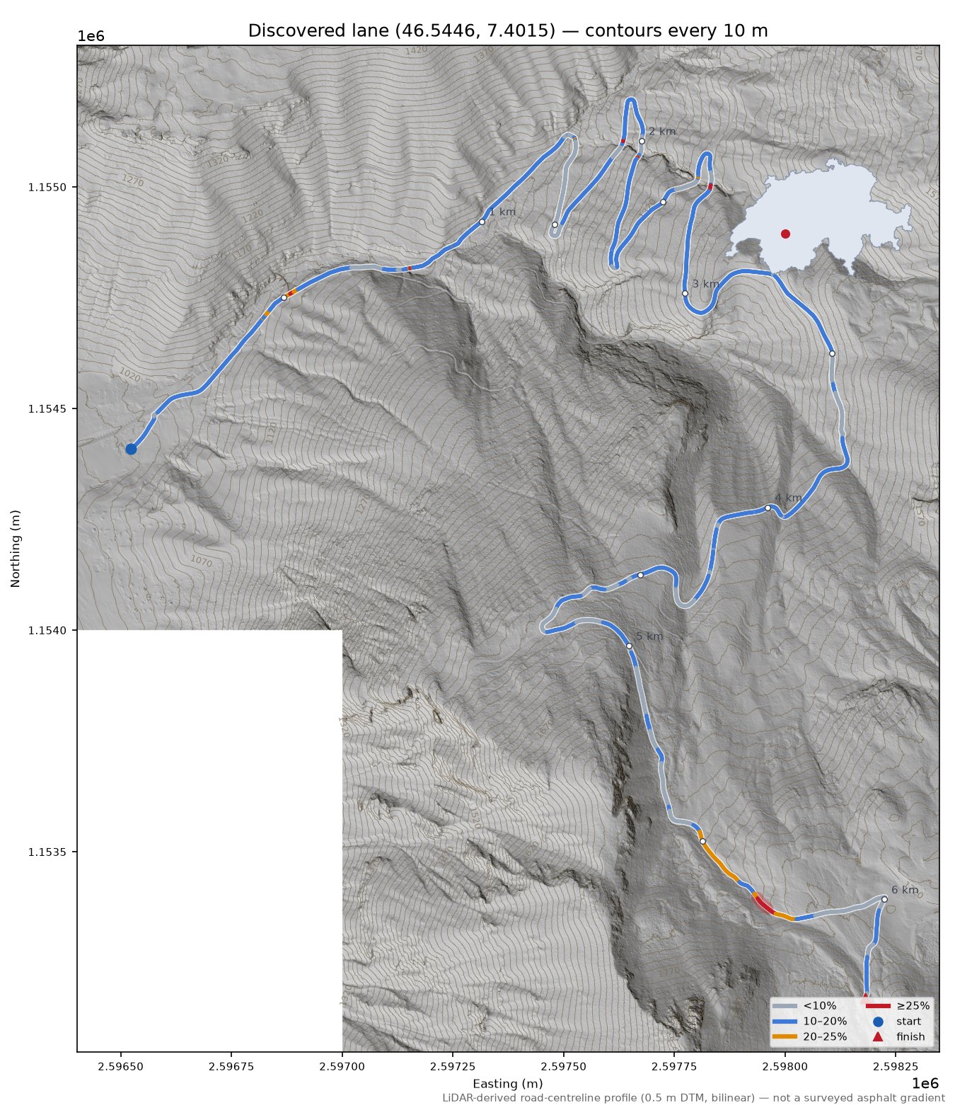 Discovered lane (46.5446, 7.4015) LiDAR hillshade map with contours