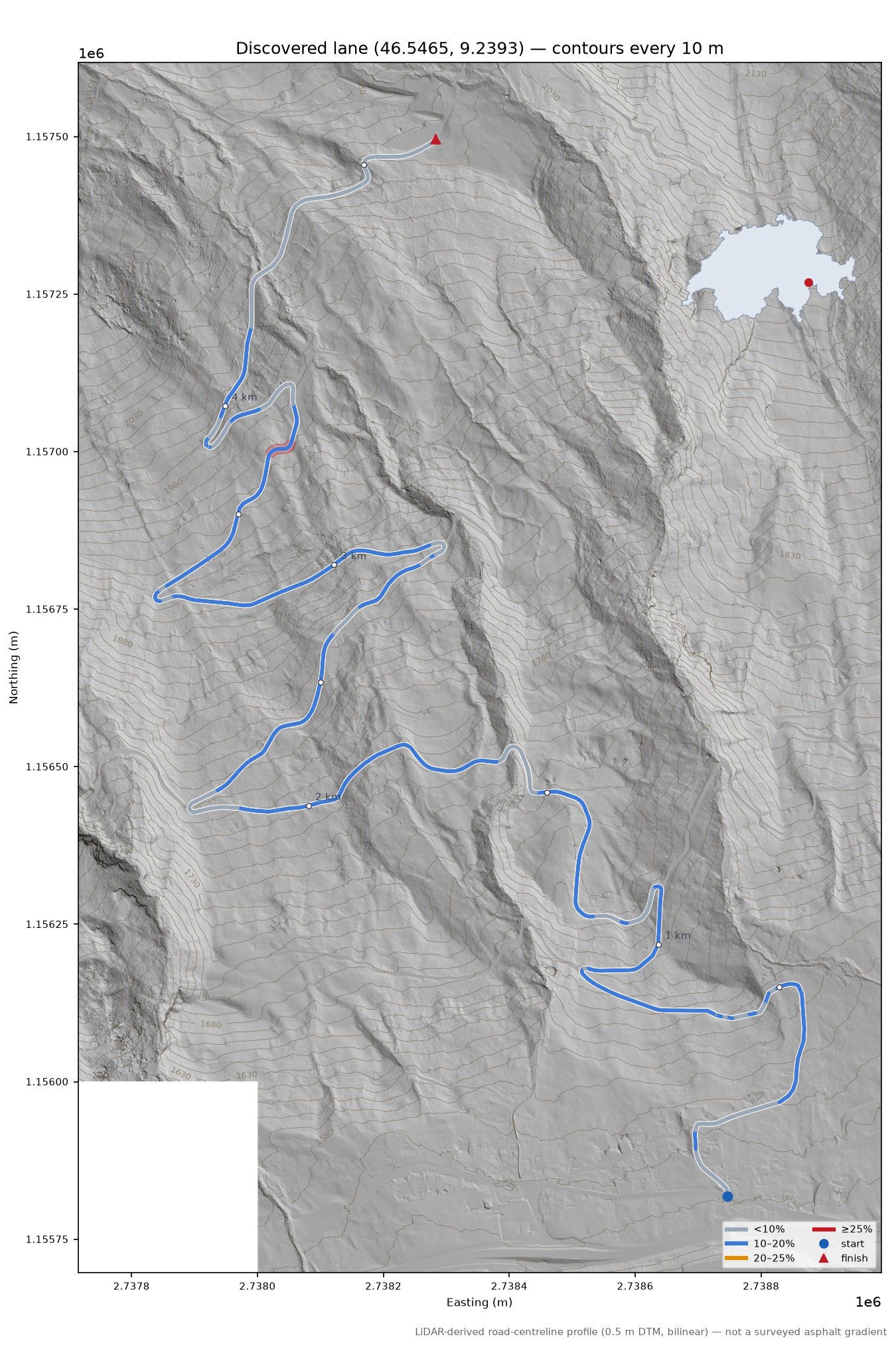 Discovered lane (46.5465, 9.2393) LiDAR hillshade map with contours