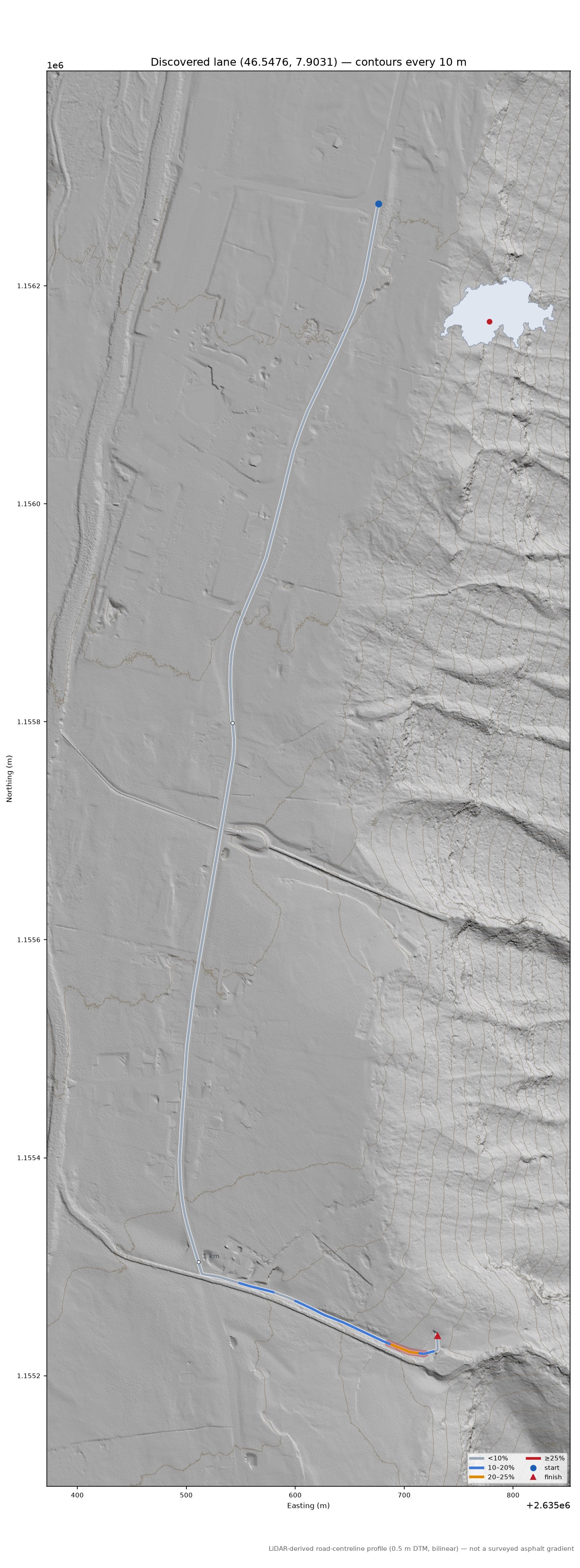 Discovered lane (46.5476, 7.9031) LiDAR hillshade map with contours