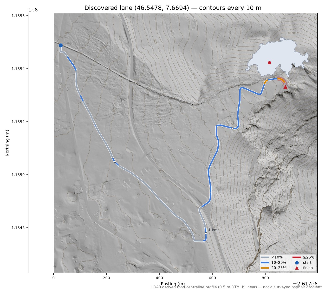 Discovered lane (46.5478, 7.6694) LiDAR hillshade map with contours