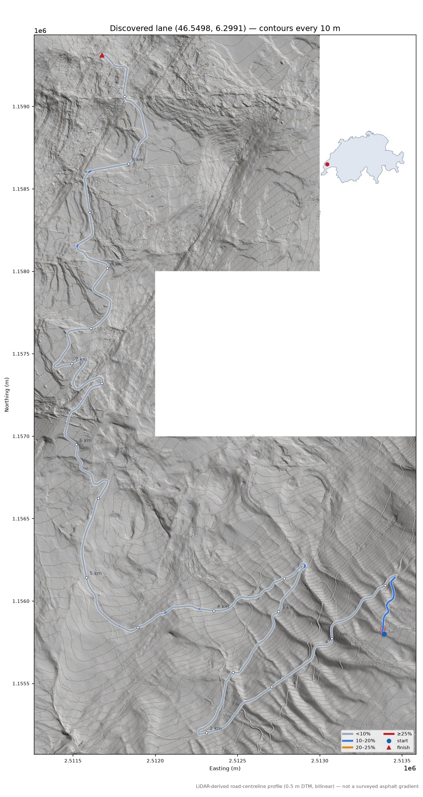 Discovered lane (46.5498, 6.2991) LiDAR hillshade map with contours