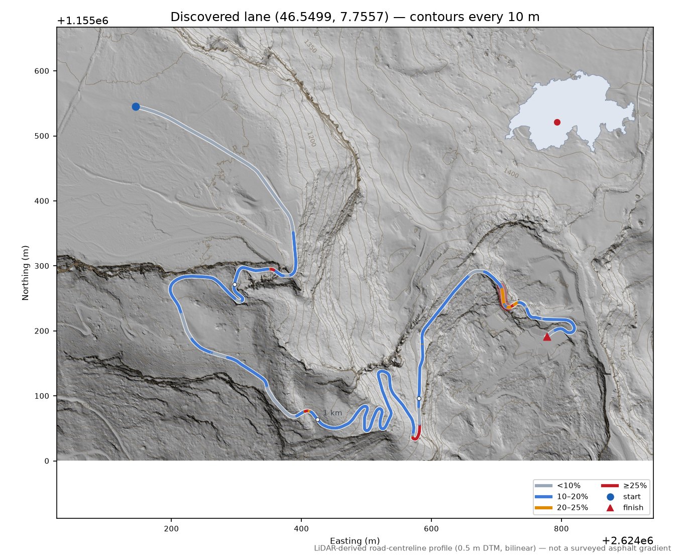 Discovered lane (46.5499, 7.7557) LiDAR hillshade map with contours