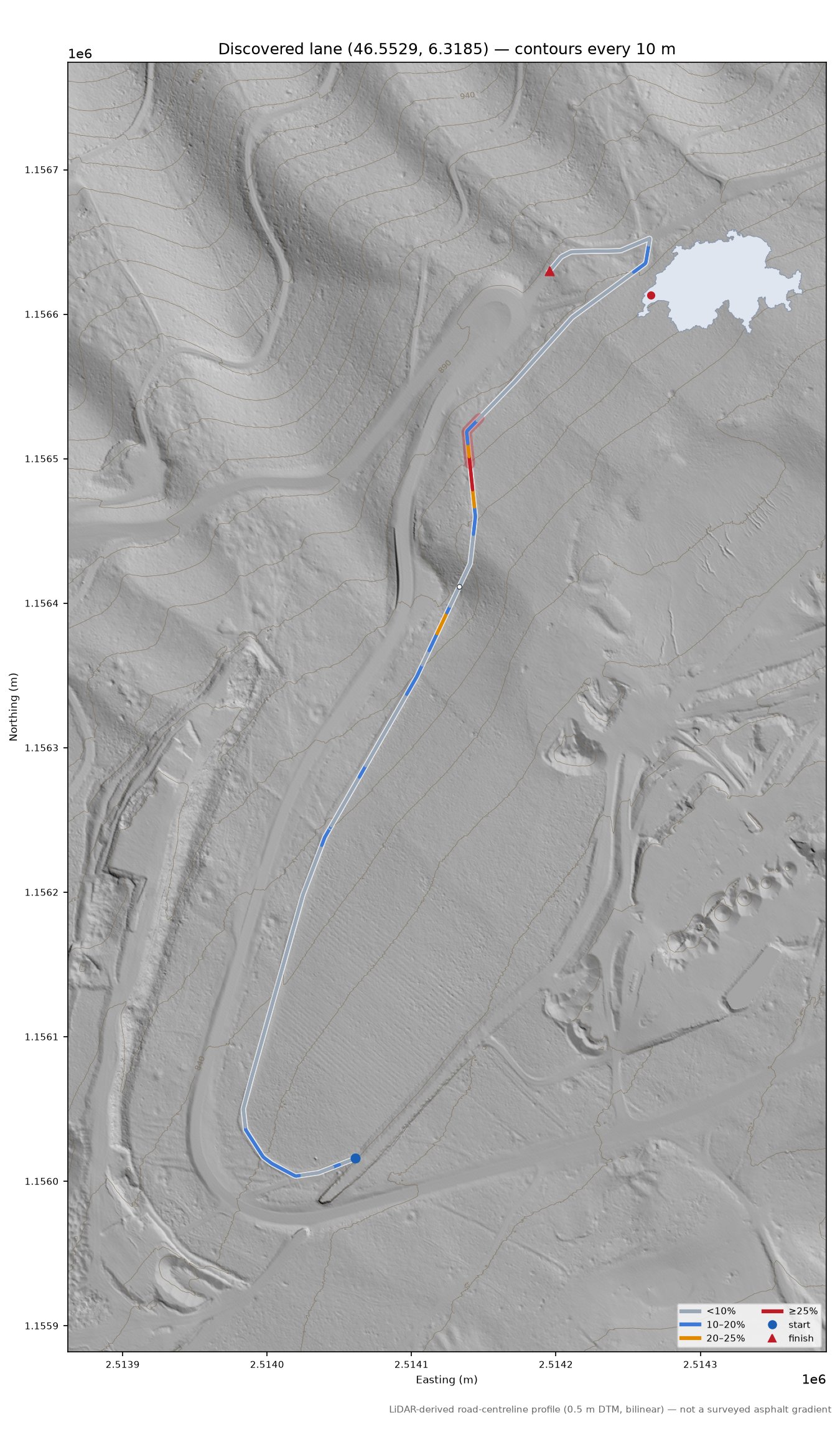 Discovered lane (46.5529, 6.3185) LiDAR hillshade map with contours