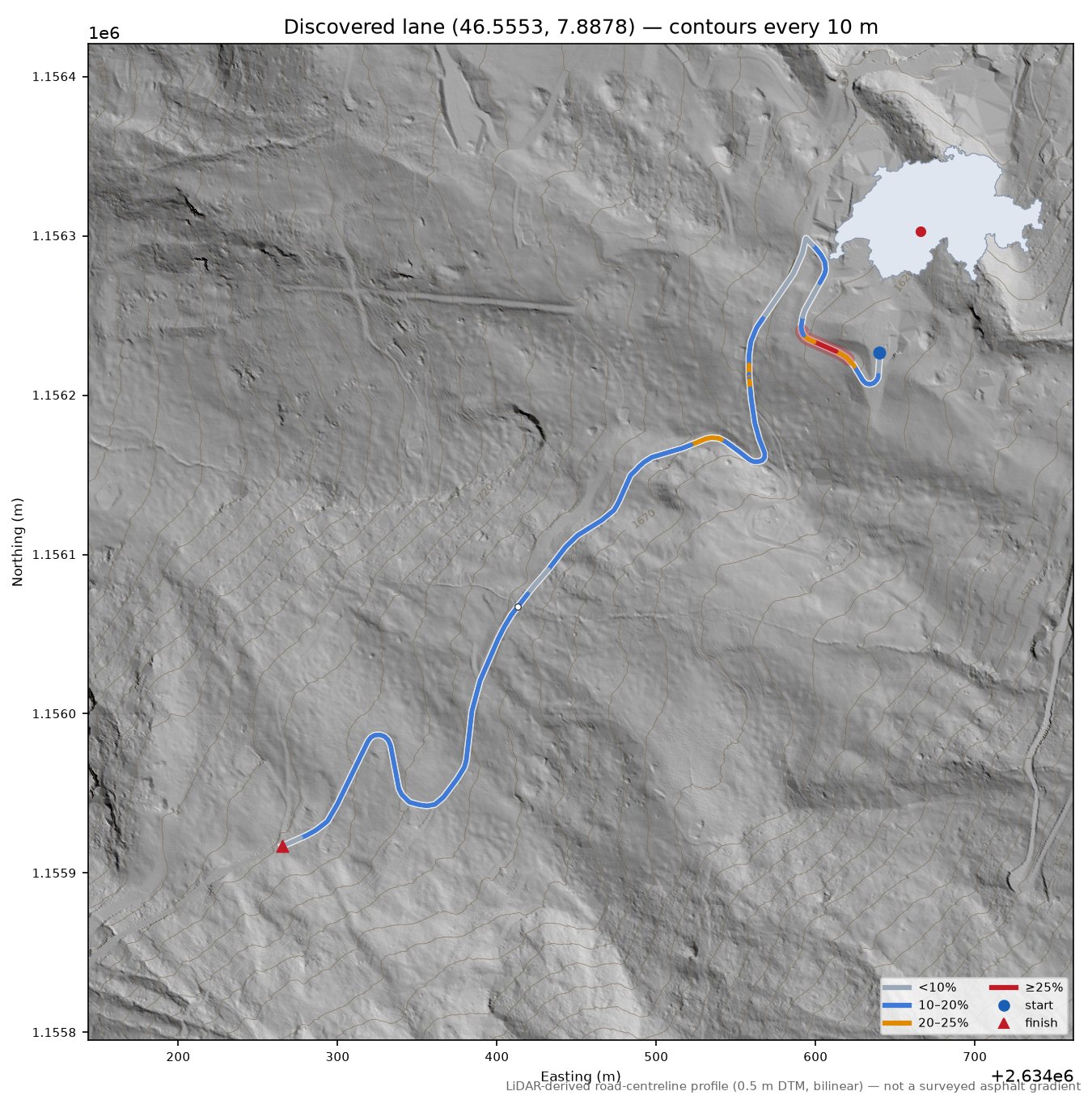 Discovered lane (46.5553, 7.8878) LiDAR hillshade map with contours