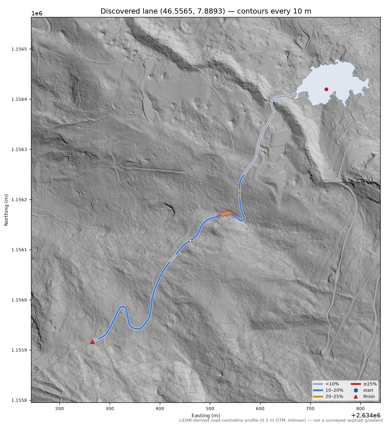 Discovered lane (46.5565, 7.8893) LiDAR hillshade map with contours