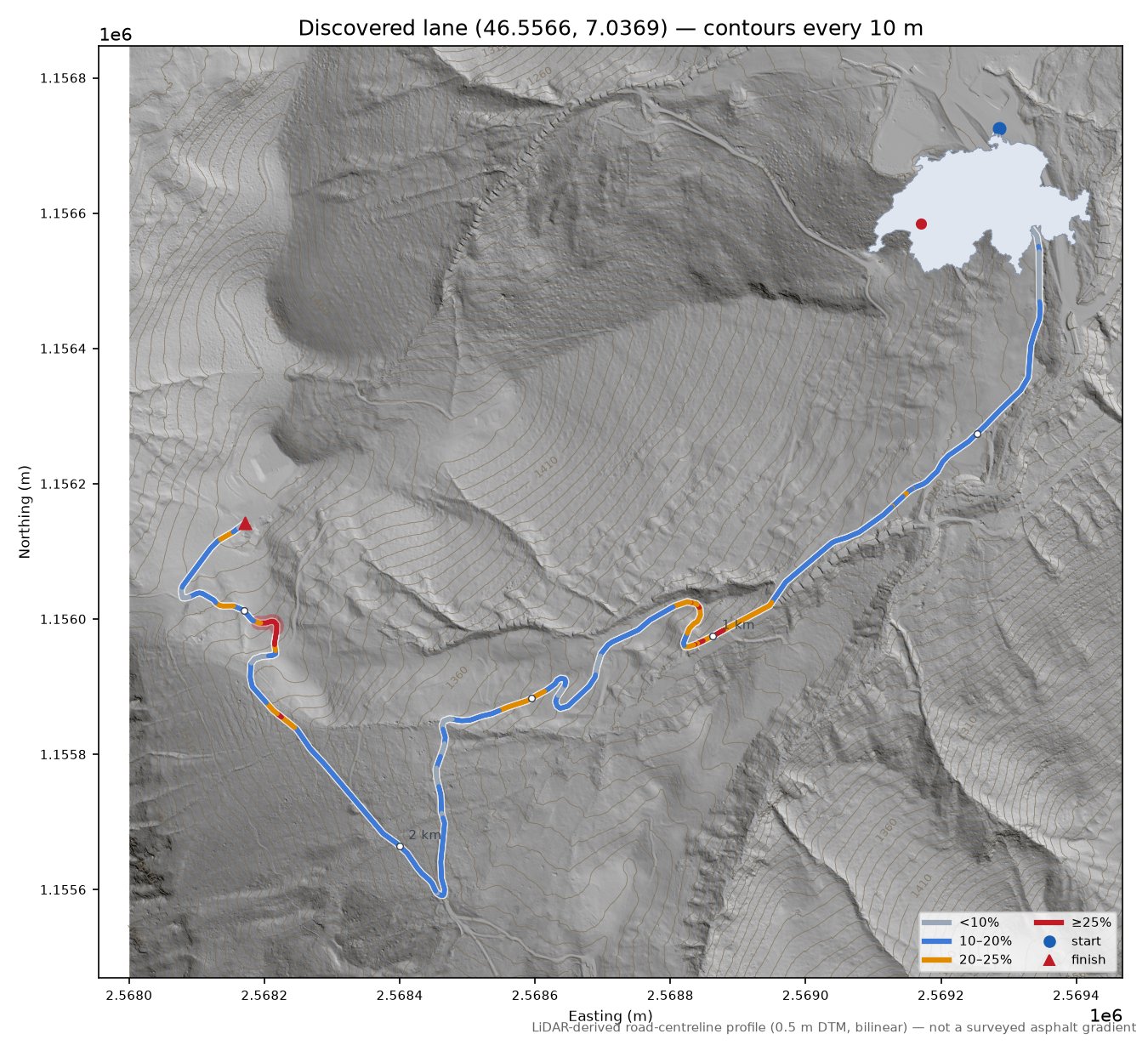 Discovered lane (46.5566, 7.0369) LiDAR hillshade map with contours