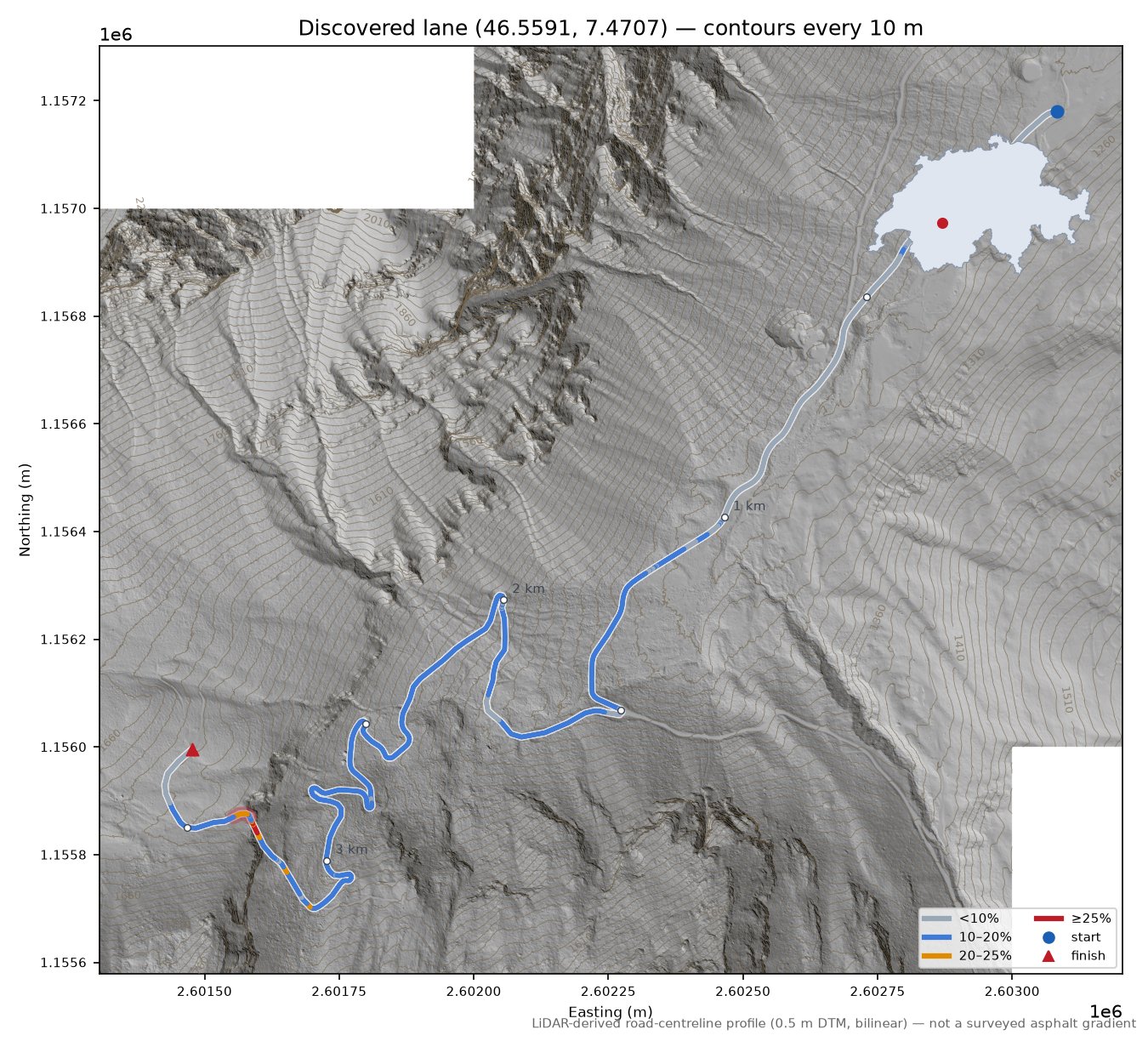 Discovered lane (46.5591, 7.4707) LiDAR hillshade map with contours