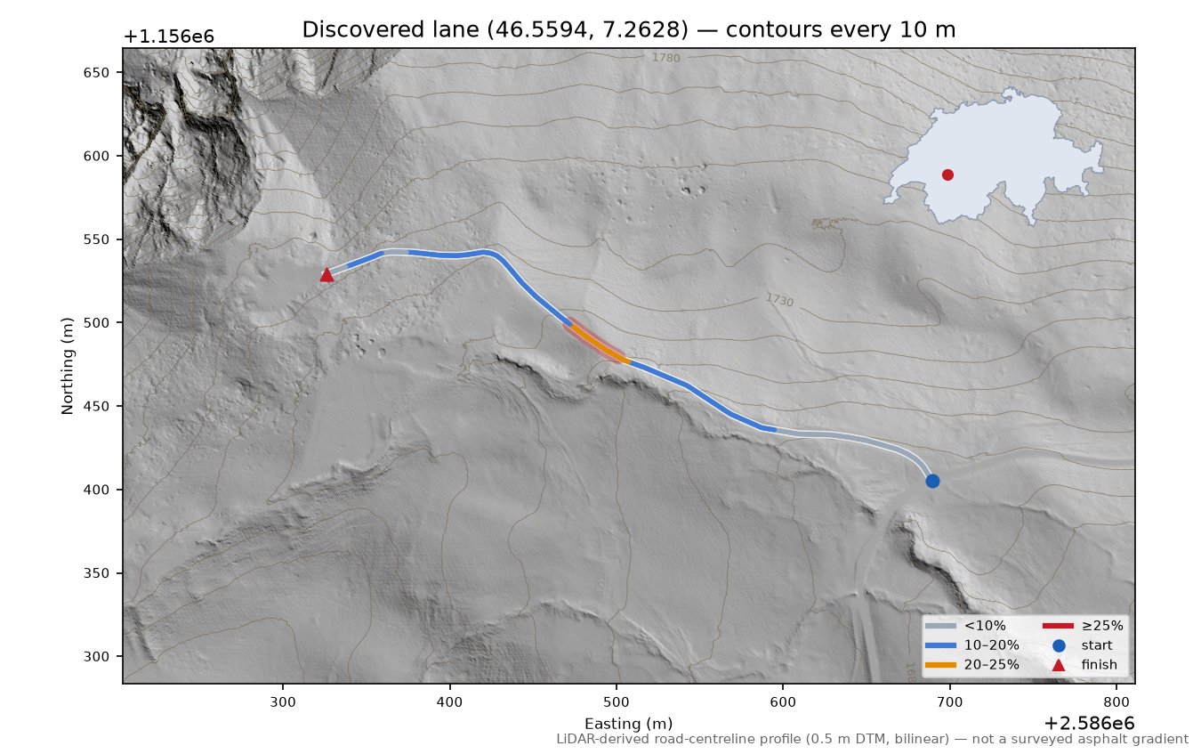 Discovered lane (46.5594, 7.2628) LiDAR hillshade map with contours