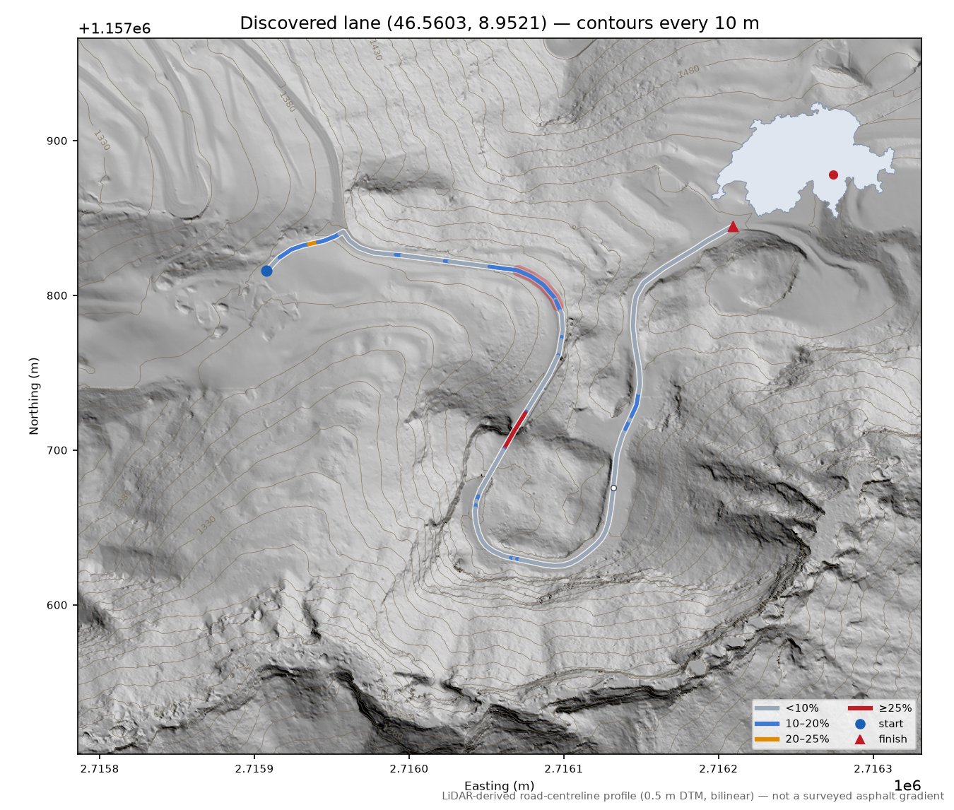 Discovered lane (46.5603, 8.9521) LiDAR hillshade map with contours