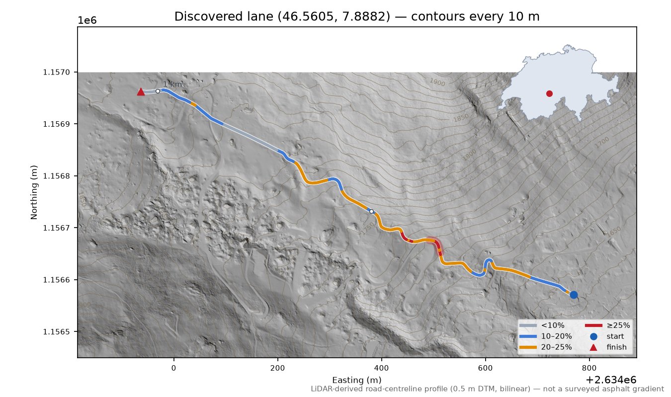 Discovered lane (46.5605, 7.8882) LiDAR hillshade map with contours