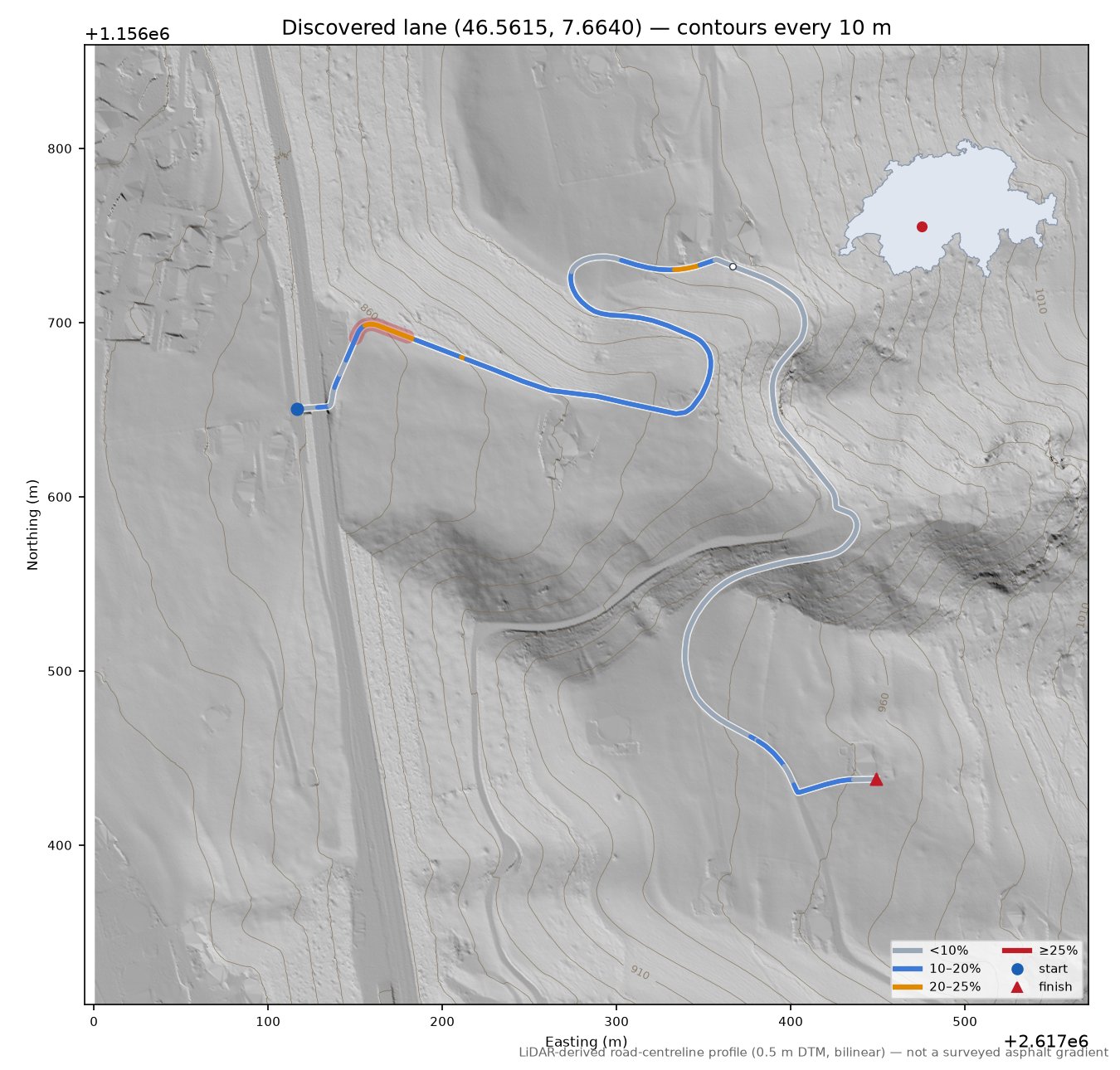 Discovered lane (46.5615, 7.6640) LiDAR hillshade map with contours