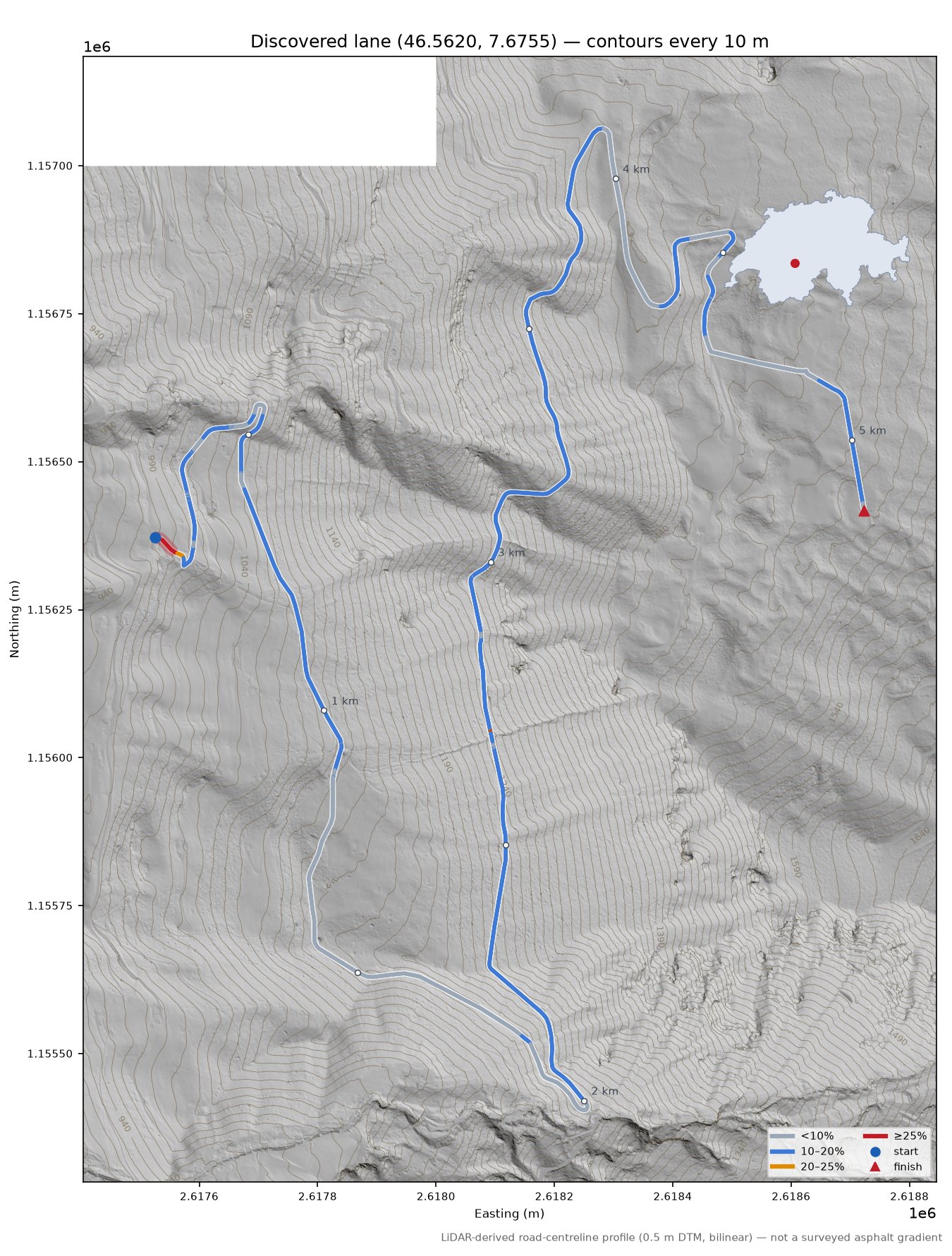 Discovered lane (46.5620, 7.6755) LiDAR hillshade map with contours