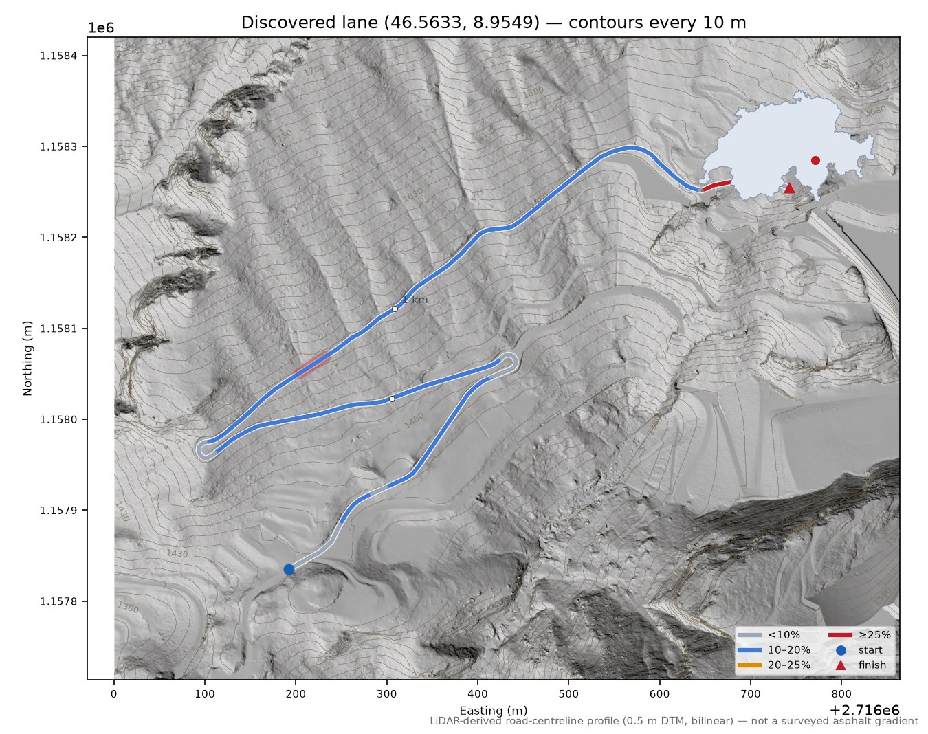 Discovered lane (46.5633, 8.9549) LiDAR hillshade map with contours