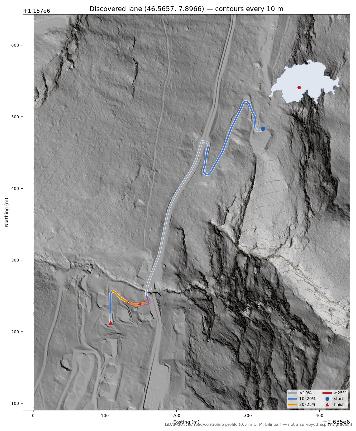 Discovered lane (46.5657, 7.8966) LiDAR hillshade map with contours