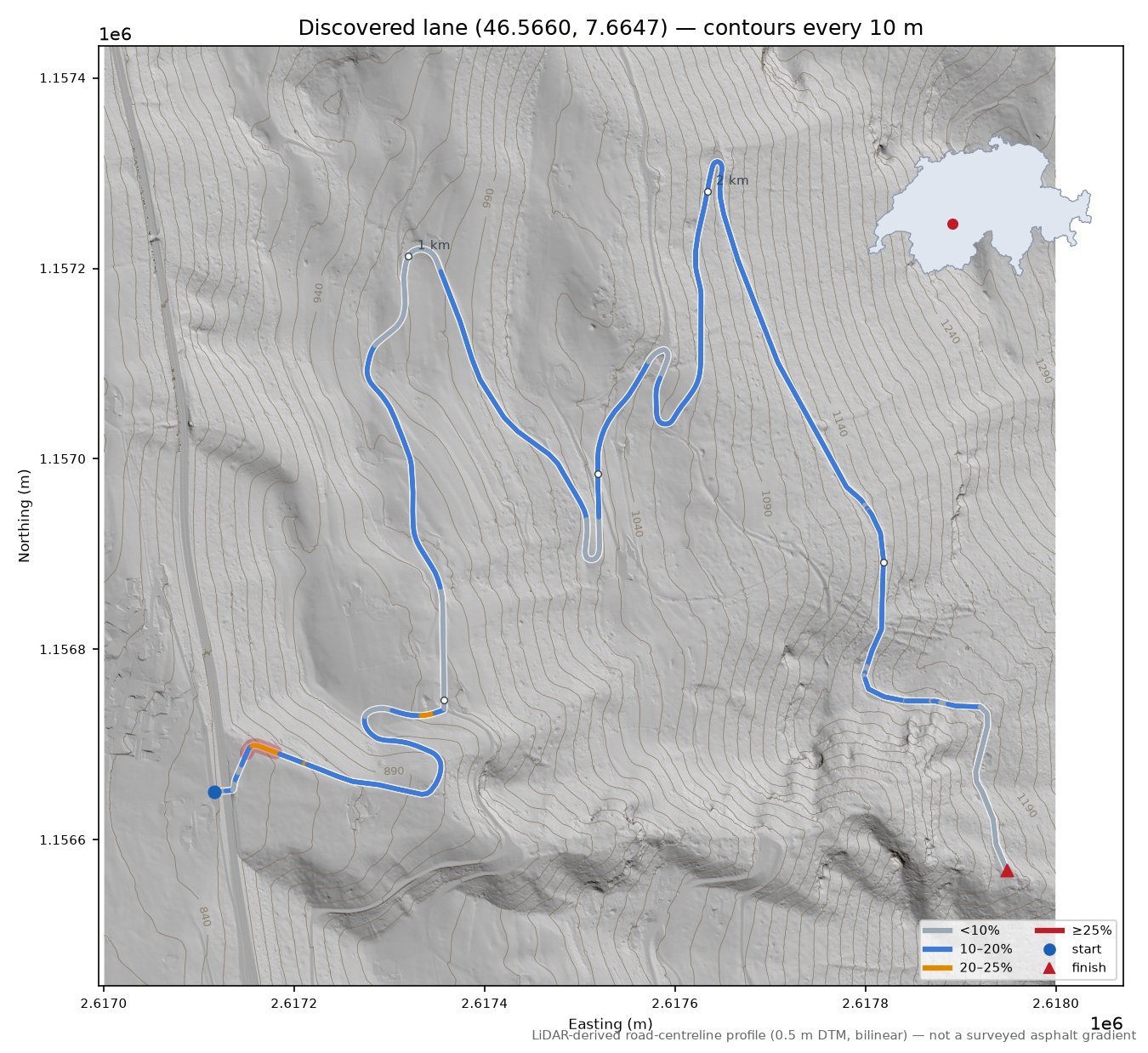 Discovered lane (46.5660, 7.6647) LiDAR hillshade map with contours