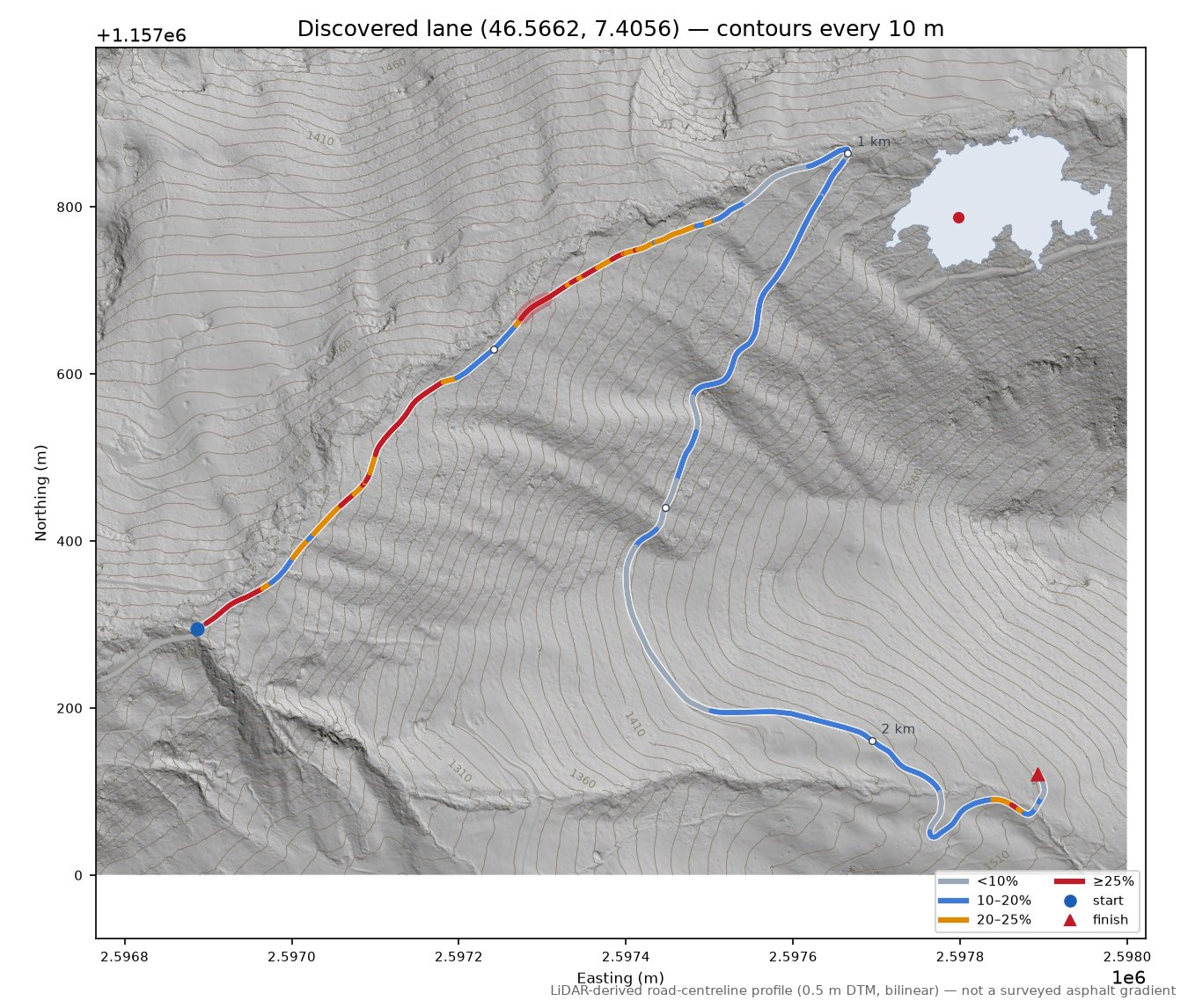 Discovered lane (46.5662, 7.4056) LiDAR hillshade map with contours