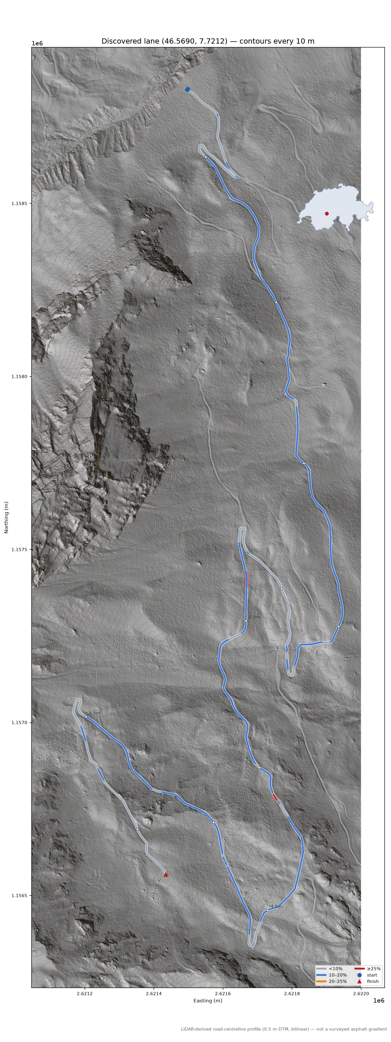 Discovered lane (46.5690, 7.7212) LiDAR hillshade map with contours