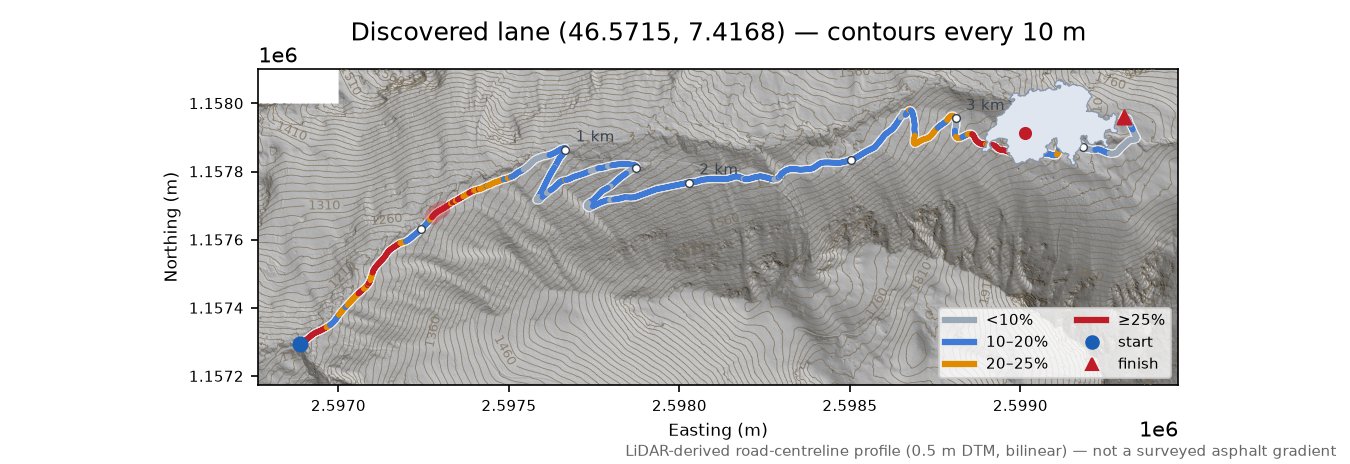 Discovered lane (46.5715, 7.4168) LiDAR hillshade map with contours