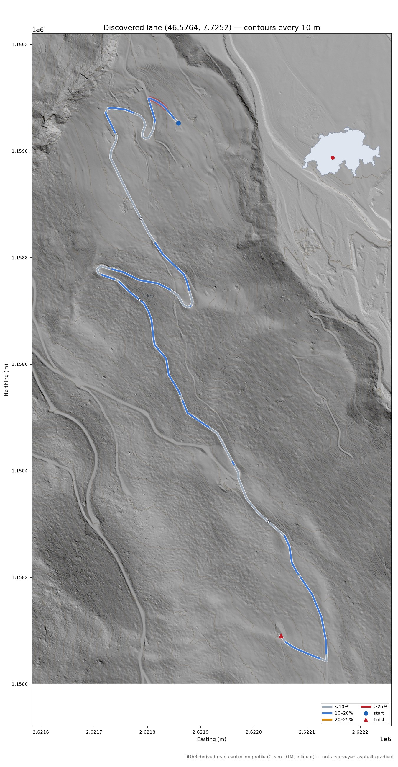 Discovered lane (46.5764, 7.7252) LiDAR hillshade map with contours
