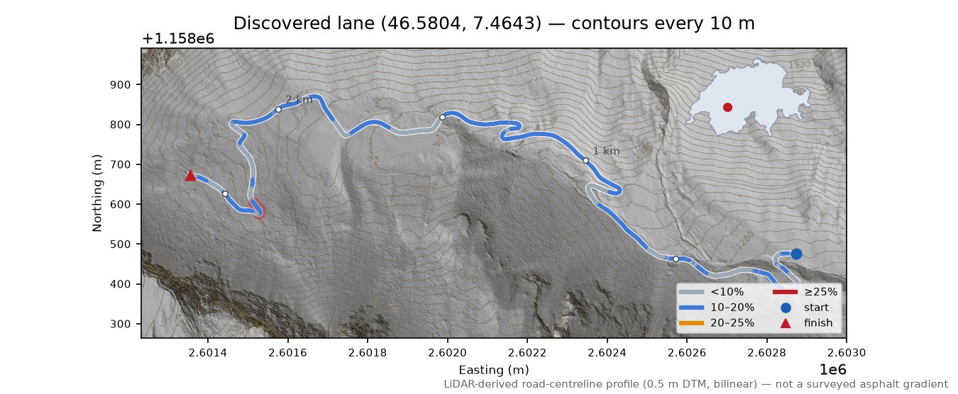 Discovered lane (46.5804, 7.4643) LiDAR hillshade map with contours