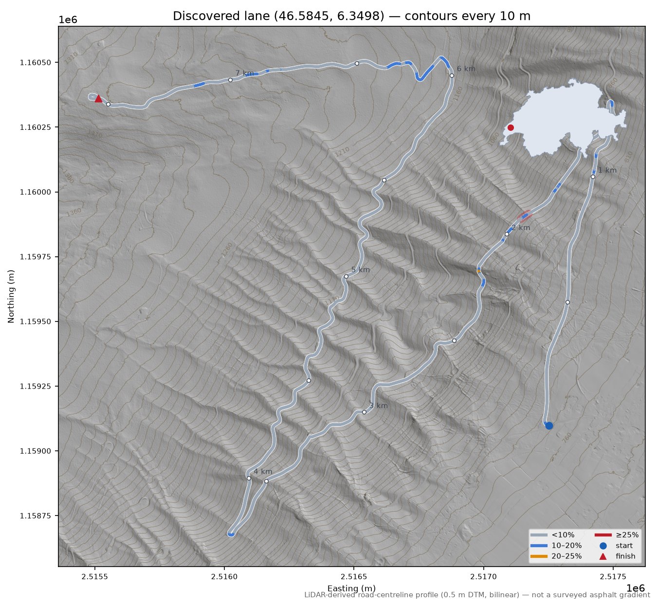 Discovered lane (46.5845, 6.3498) LiDAR hillshade map with contours