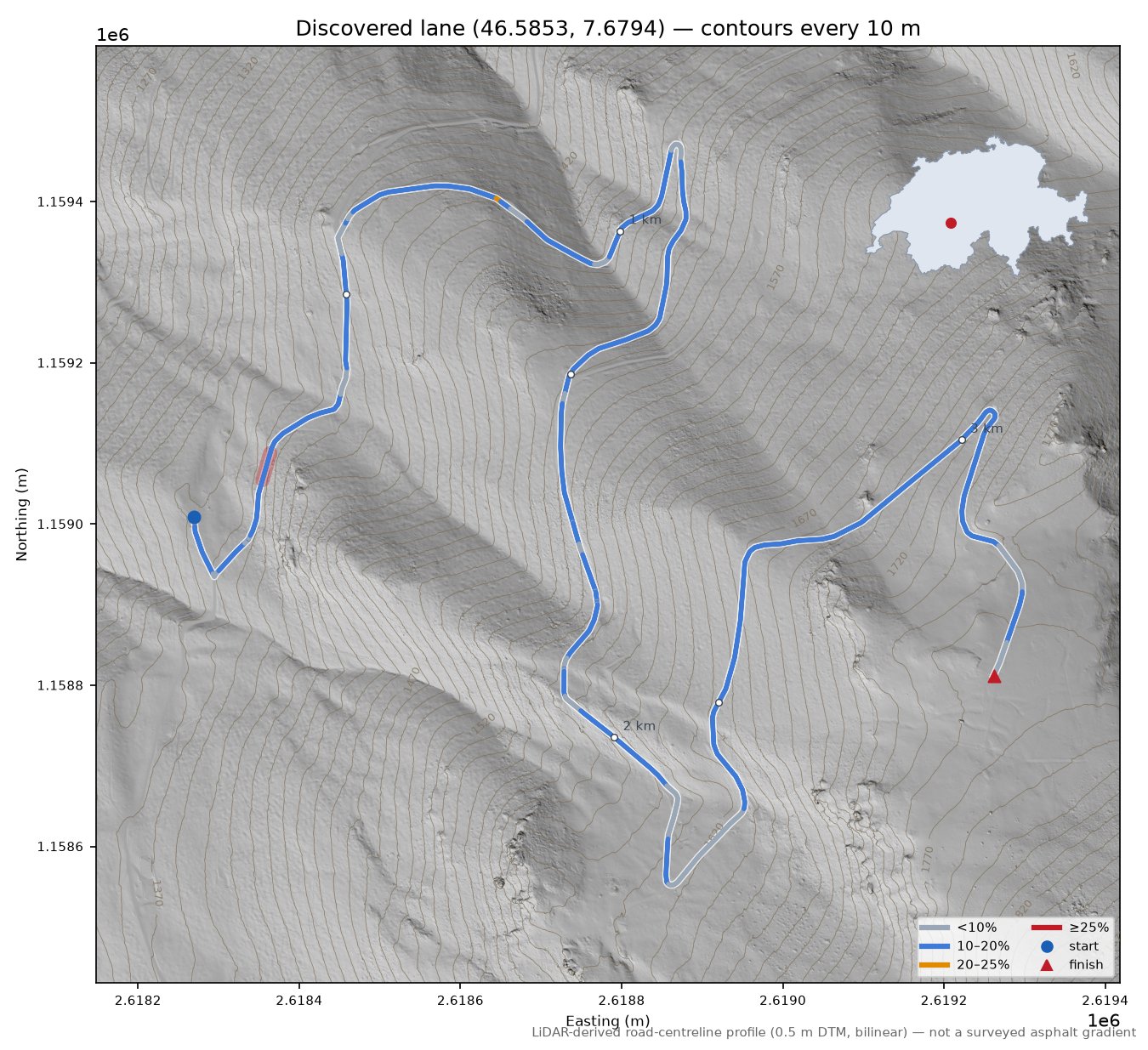 Discovered lane (46.5853, 7.6794) LiDAR hillshade map with contours