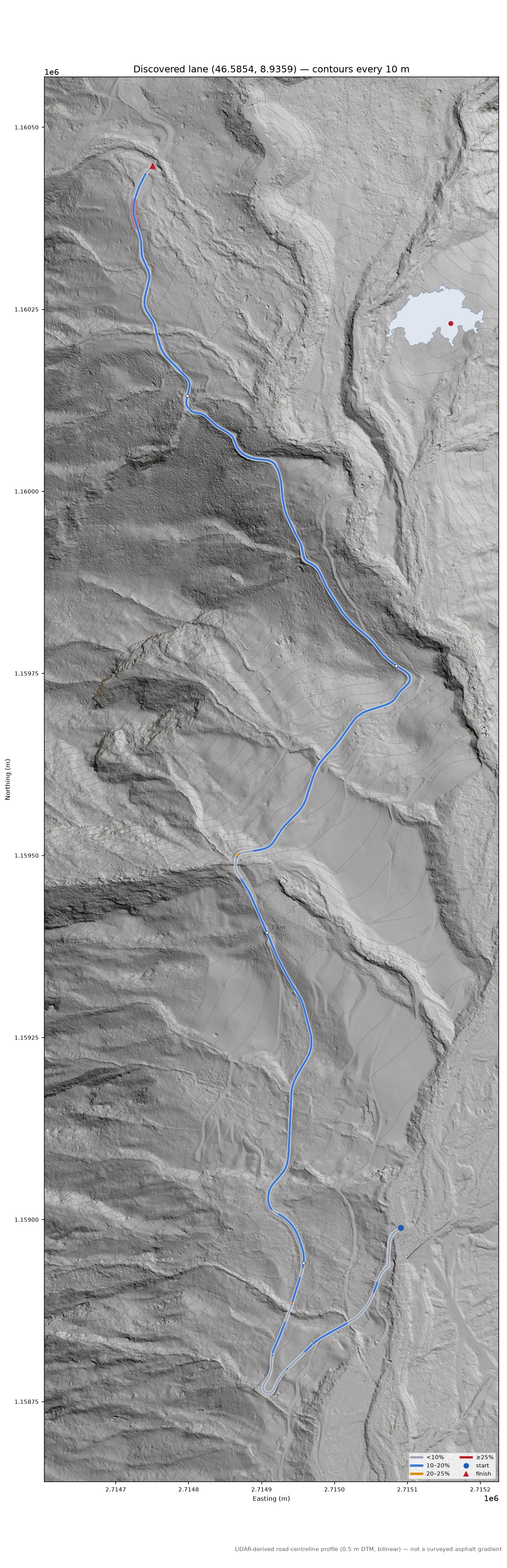 Discovered lane (46.5854, 8.9359) LiDAR hillshade map with contours