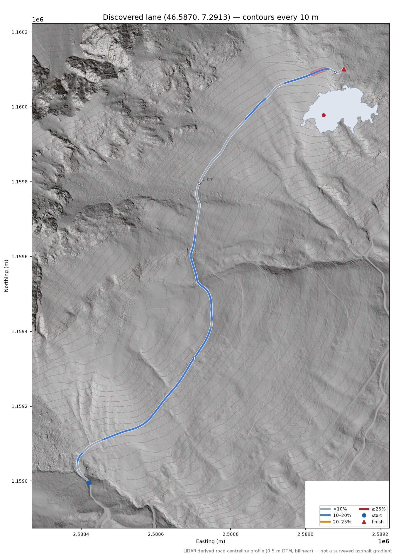 Discovered lane (46.5870, 7.2913) LiDAR hillshade map with contours