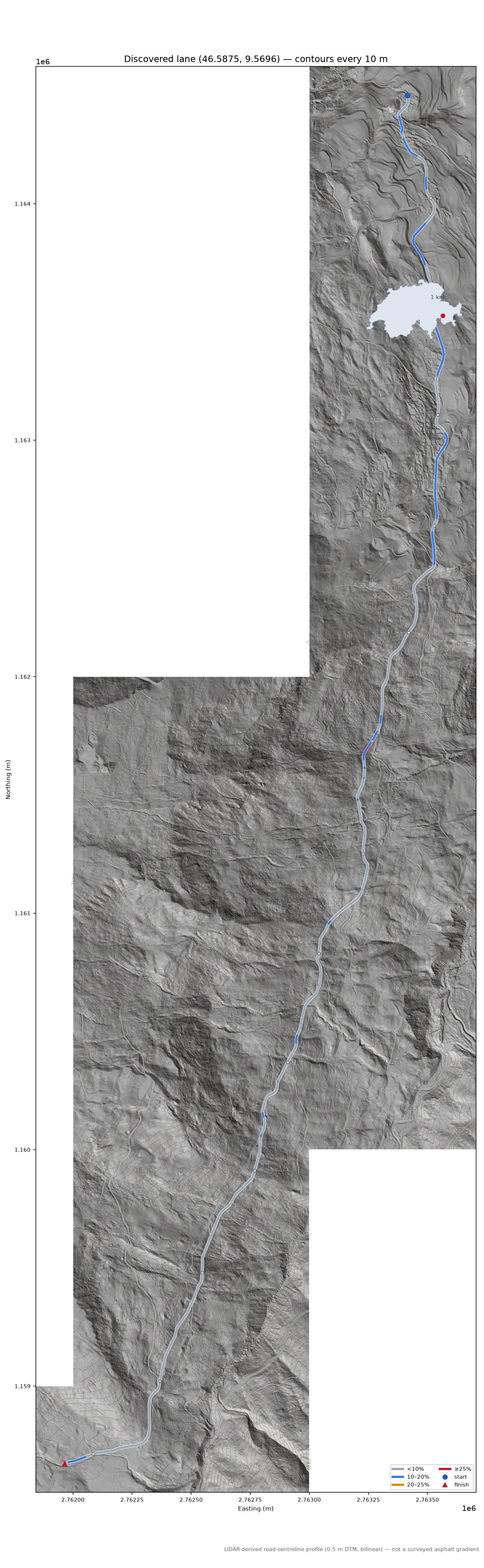 Discovered lane (46.5875, 9.5696) LiDAR hillshade map with contours