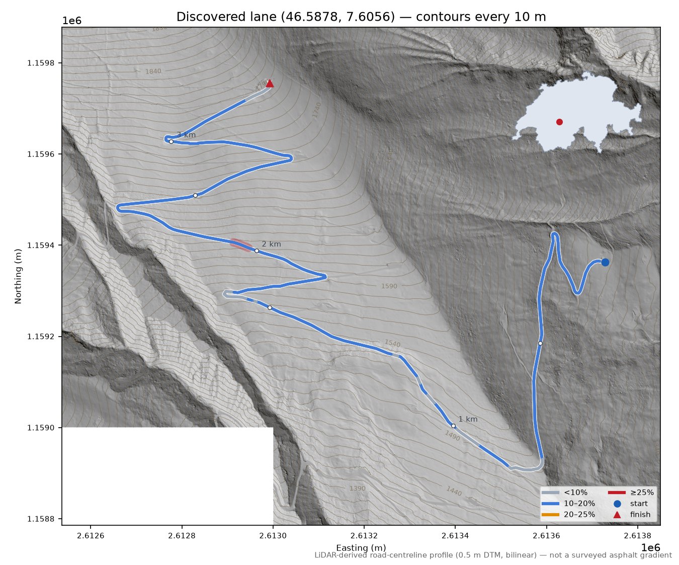 Discovered lane (46.5878, 7.6056) LiDAR hillshade map with contours