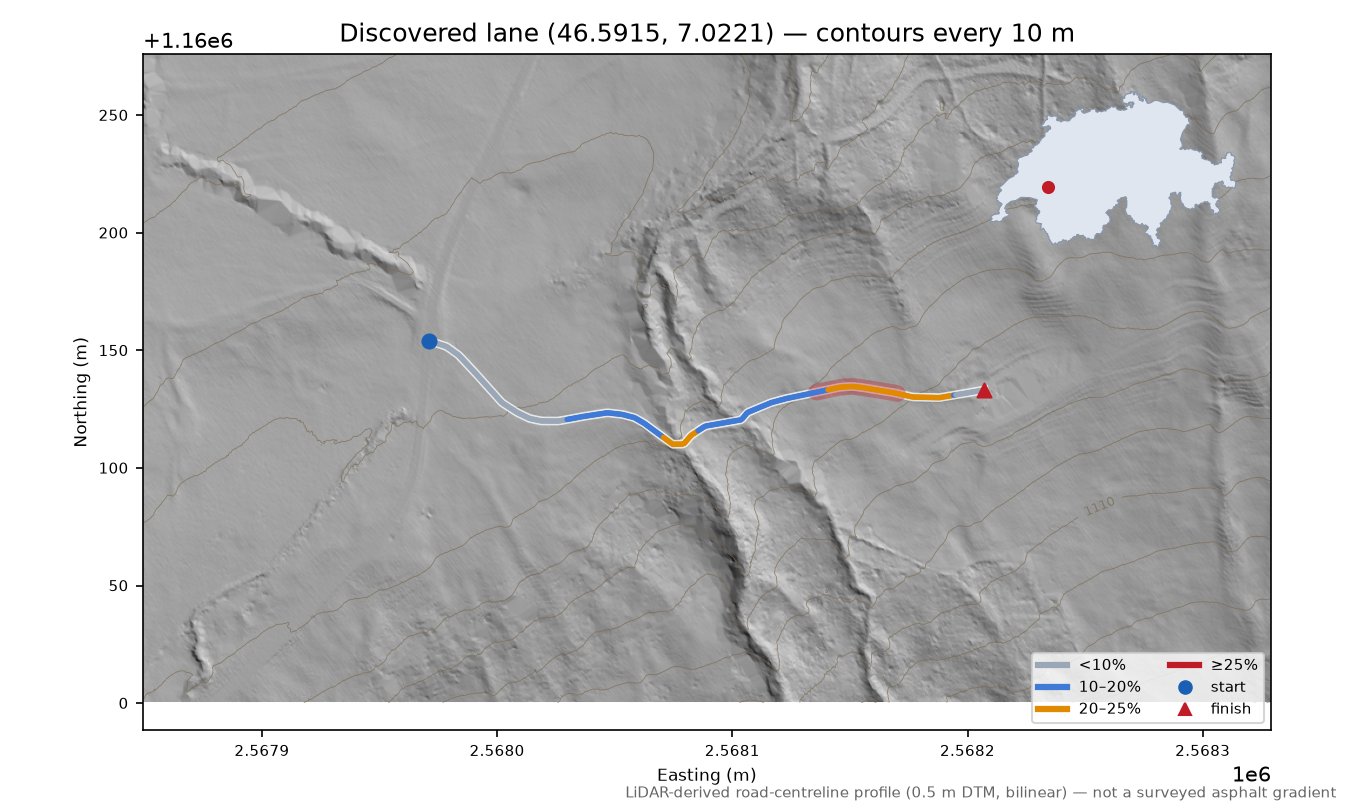 Discovered lane (46.5915, 7.0221) LiDAR hillshade map with contours
