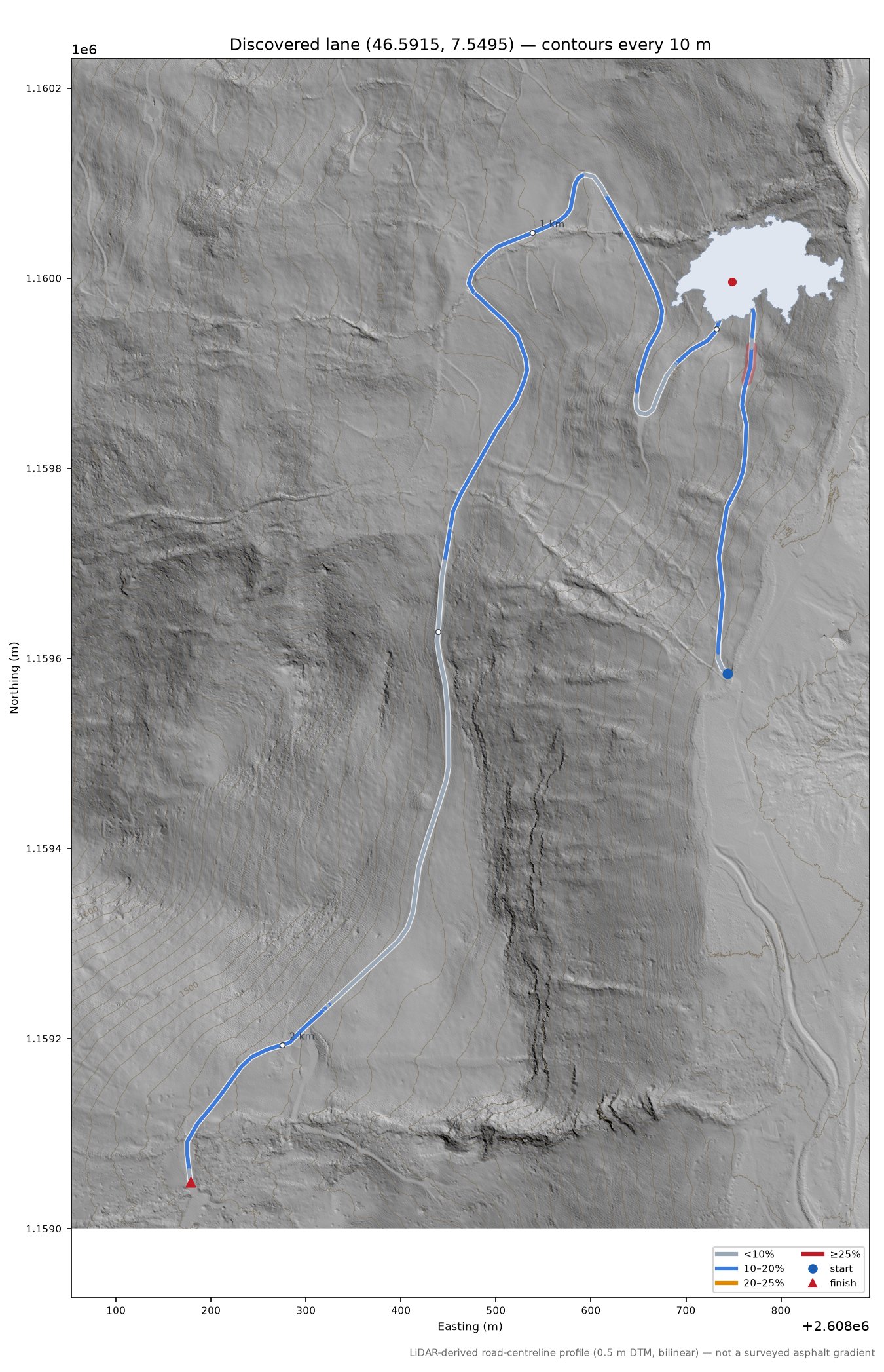 Discovered lane (46.5915, 7.5495) LiDAR hillshade map with contours