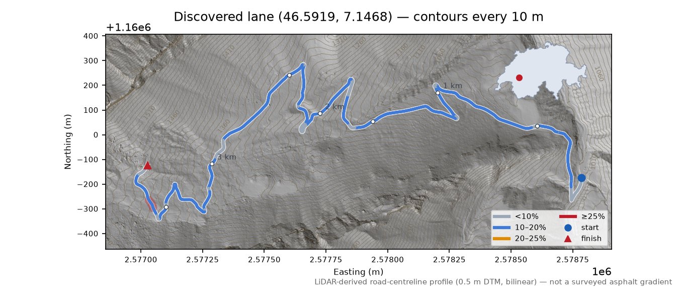 Discovered lane (46.5919, 7.1468) LiDAR hillshade map with contours