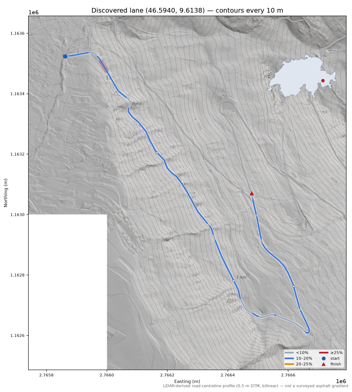 Discovered lane (46.5940, 9.6138) LiDAR hillshade map with contours