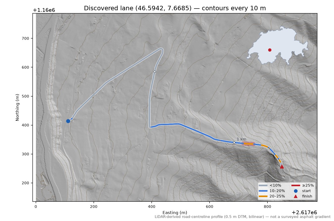 Discovered lane (46.5942, 7.6685) LiDAR hillshade map with contours