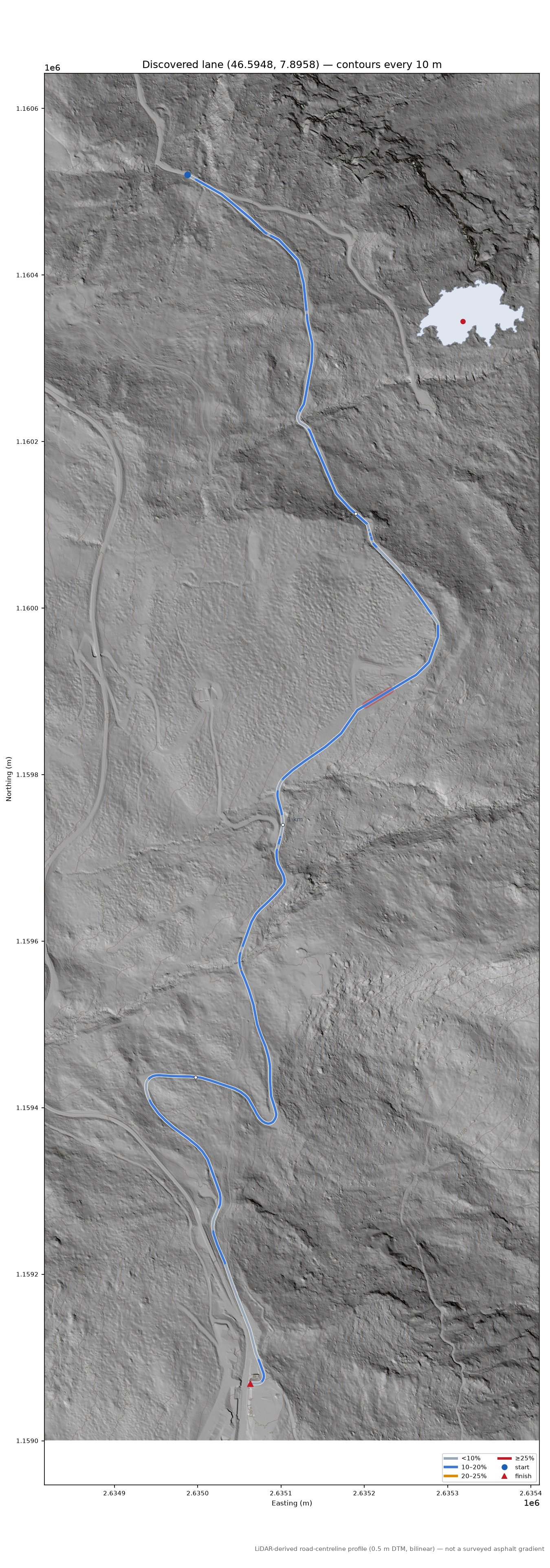 Discovered lane (46.5948, 7.8958) LiDAR hillshade map with contours