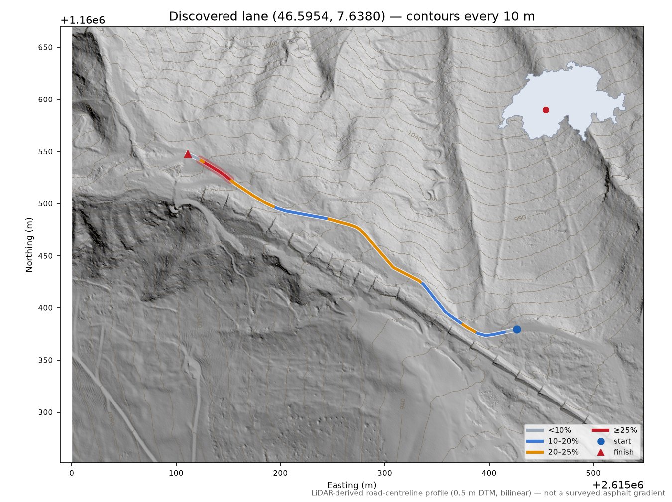 Discovered lane (46.5954, 7.6380) LiDAR hillshade map with contours