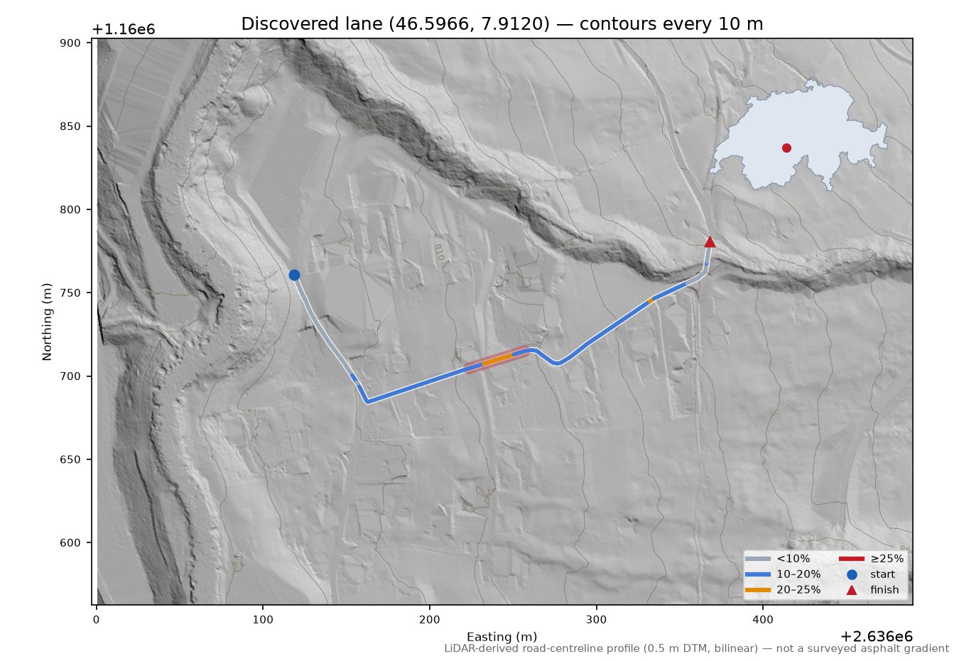 Discovered lane (46.5966, 7.9120) LiDAR hillshade map with contours