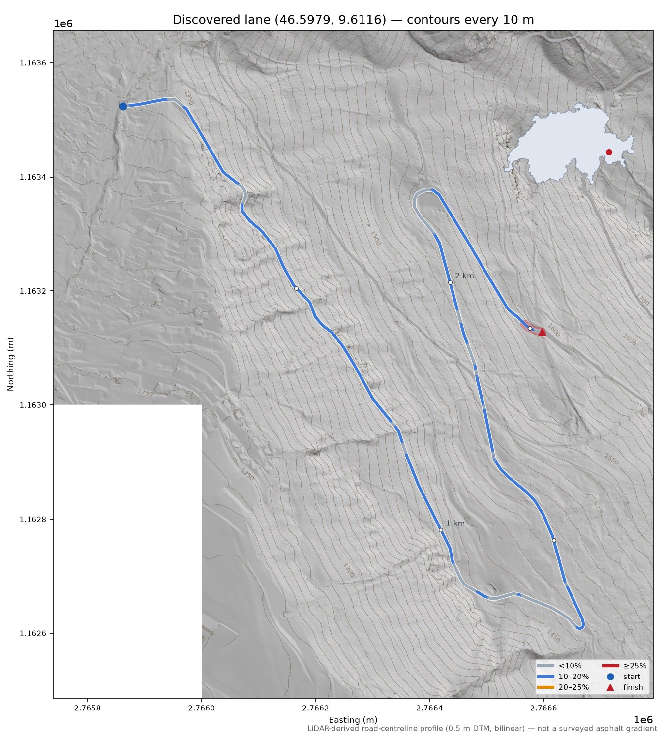 Discovered lane (46.5979, 9.6116) LiDAR hillshade map with contours