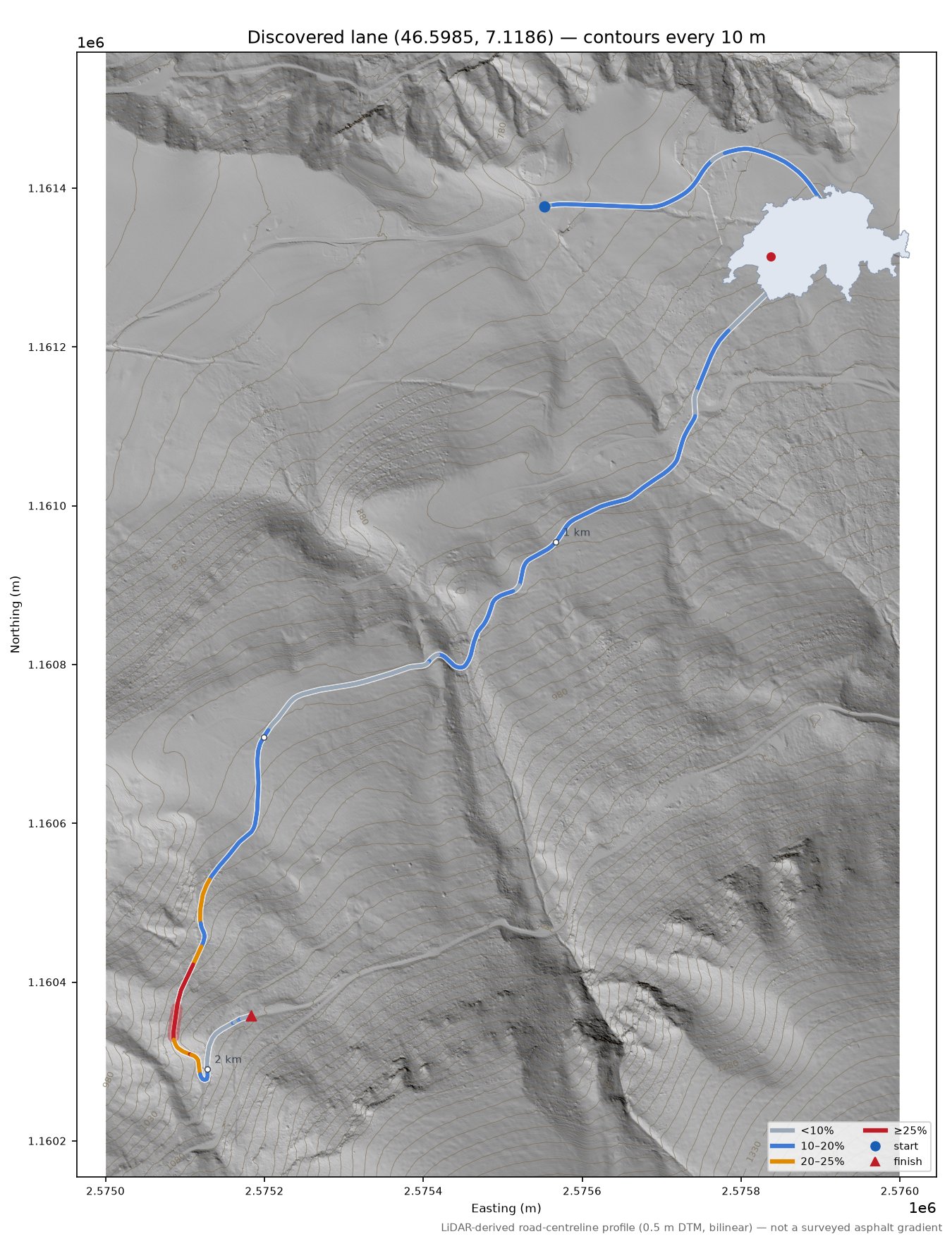 Discovered lane (46.5985, 7.1186) LiDAR hillshade map with contours