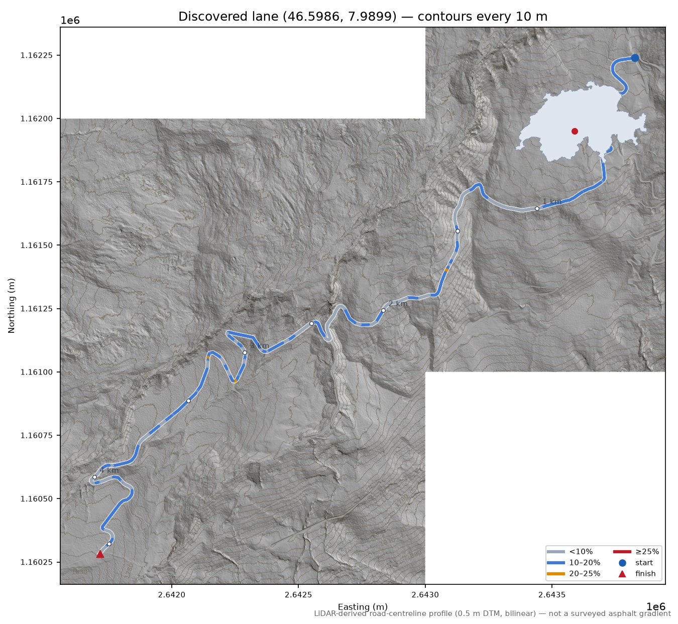 Discovered lane (46.5986, 7.9899) LiDAR hillshade map with contours