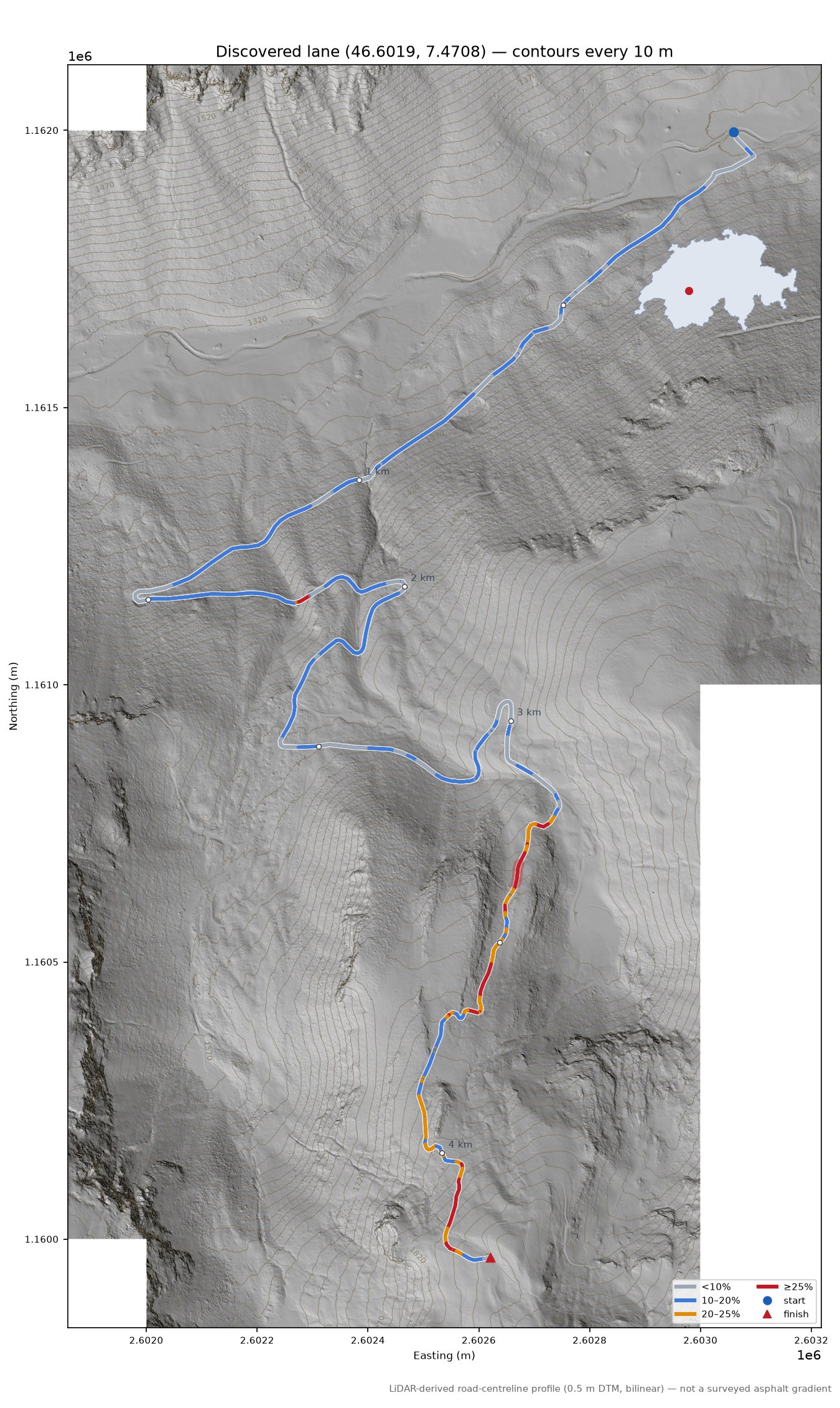 Discovered lane (46.6019, 7.4708) LiDAR hillshade map with contours