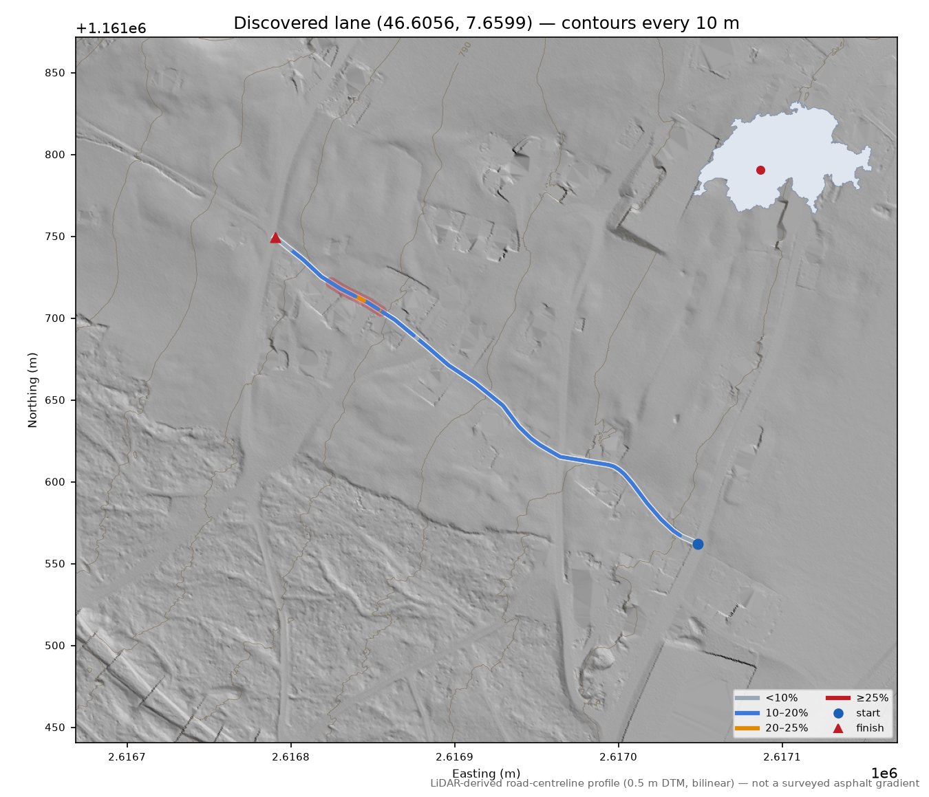 Discovered lane (46.6056, 7.6599) LiDAR hillshade map with contours