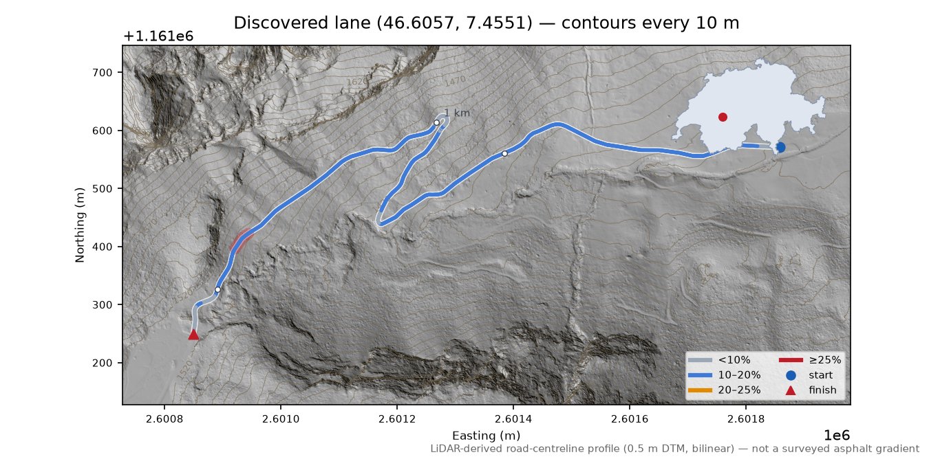 Discovered lane (46.6057, 7.4551) LiDAR hillshade map with contours