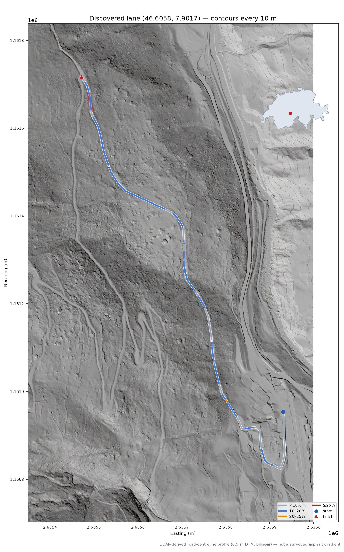 Discovered lane (46.6058, 7.9017) LiDAR hillshade map with contours