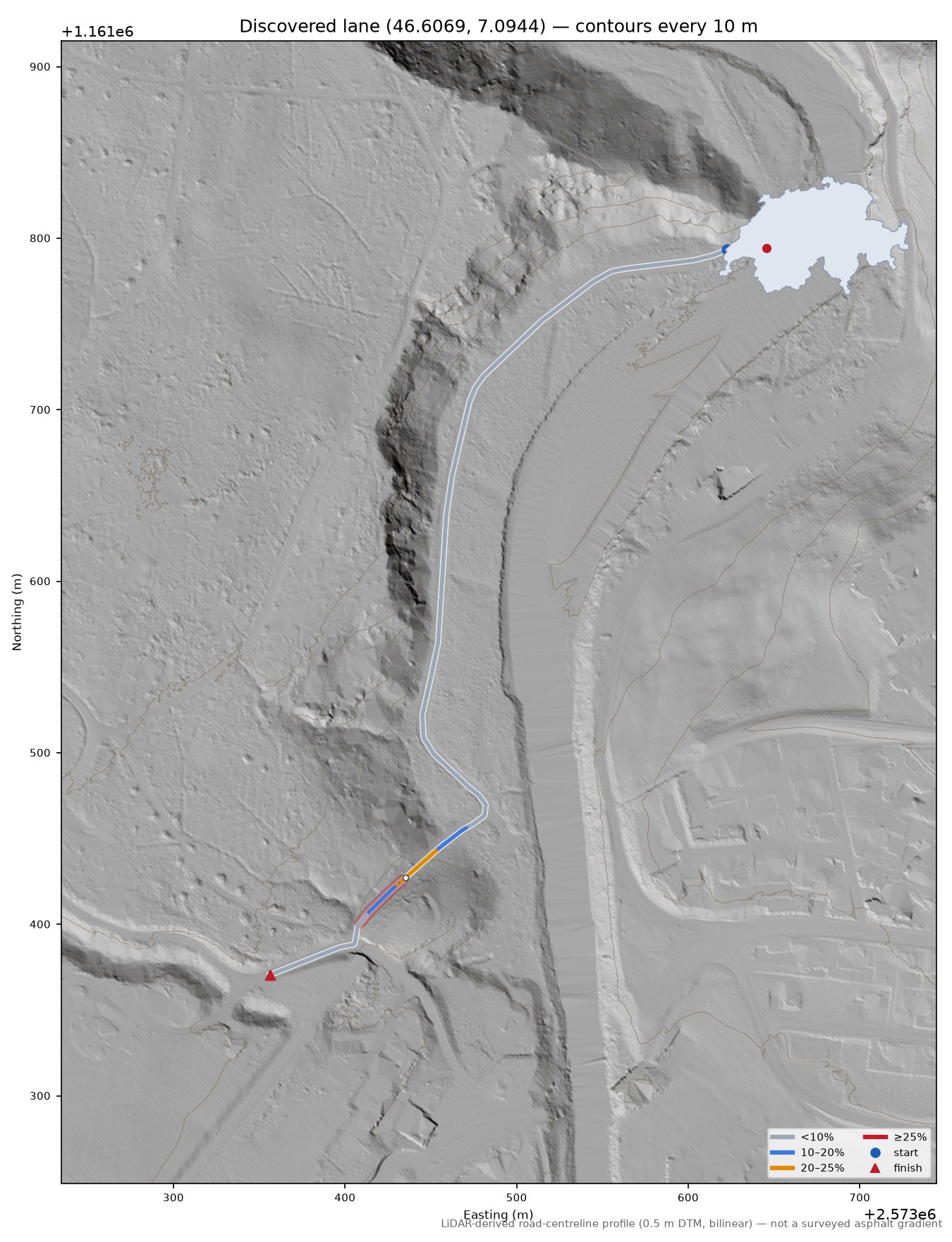 Discovered lane (46.6069, 7.0944) LiDAR hillshade map with contours